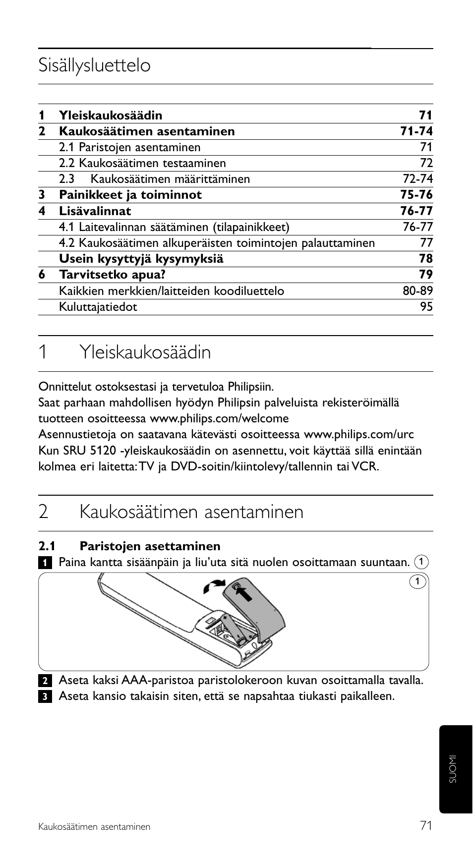 Sisällysluettelo, 1yleiskaukosäädin, 2kaukosäätimen asentaminen | Philips SRU 5120/86 User Manual | Page 71 / 96