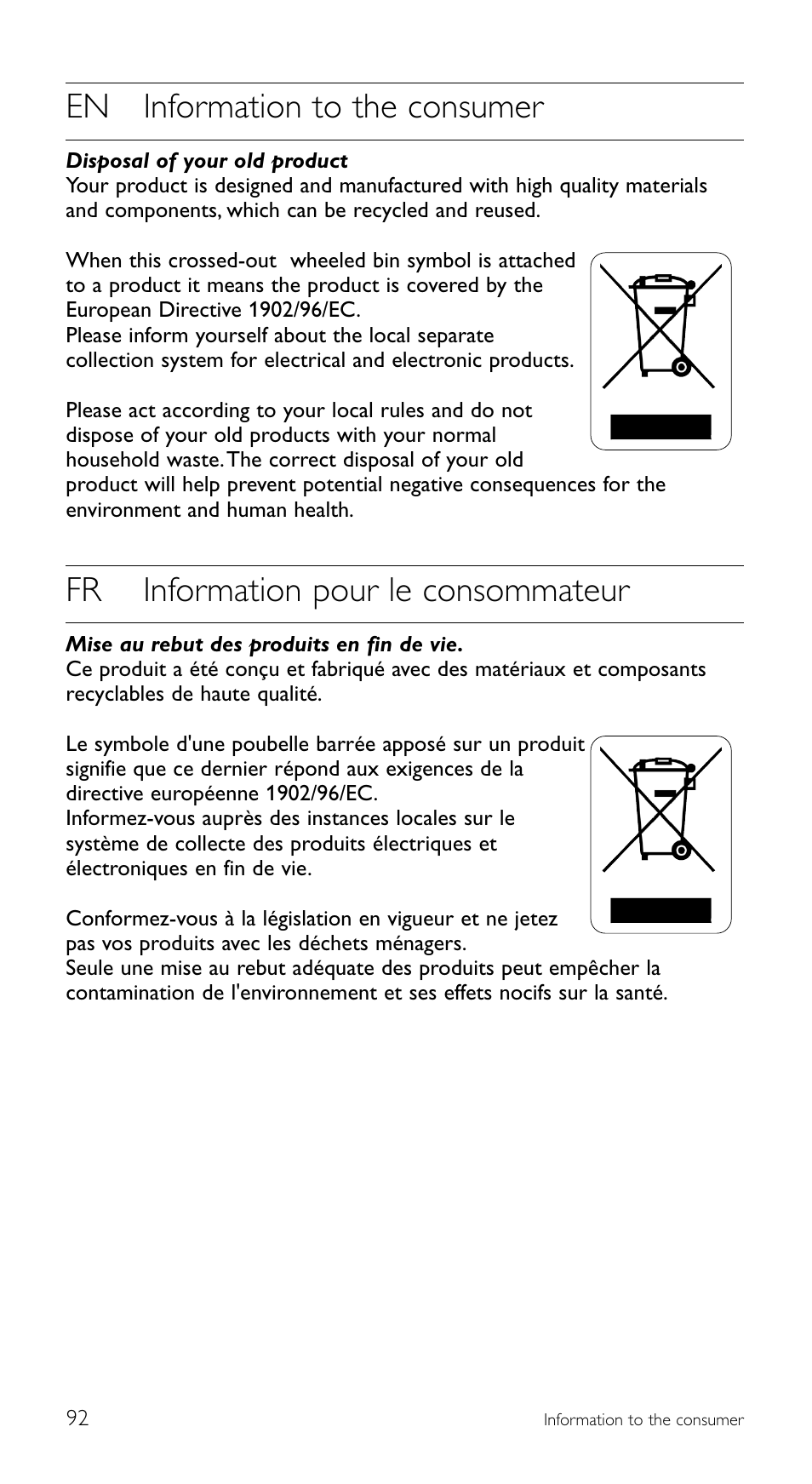 En information to the consumer, Fr information pour le consommateur | Philips SRU 5120/86 User Manual | Page 92 / 96