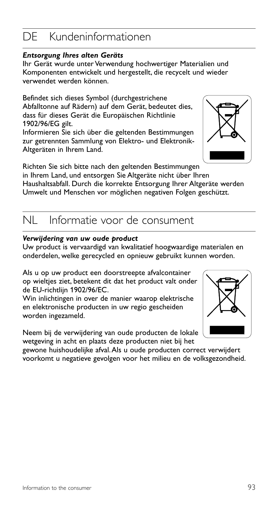 De kundeninformationen, Nl informatie voor de consument | Philips SRU 5120/86 User Manual | Page 93 / 96