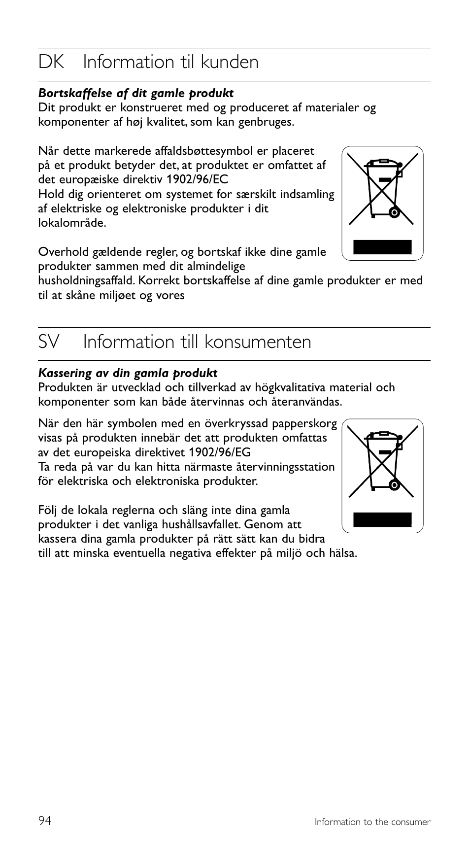 Dk information til kunden, Sv information till konsumenten | Philips SRU 5120/86 User Manual | Page 94 / 96