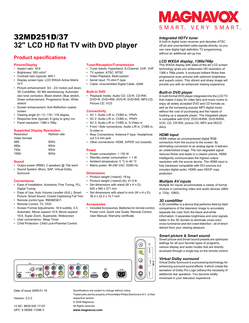 32" lcd hd flat tv with dvd player, Product specifications | Philips Magnavox 32MD251D User Manual | Page 2 / 2