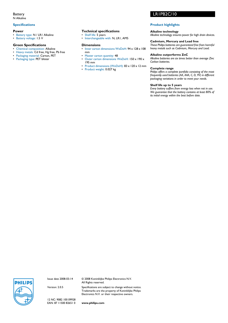 Lr1pb2c/10 | Philips LR1PB2C User Manual | Page 2 / 2