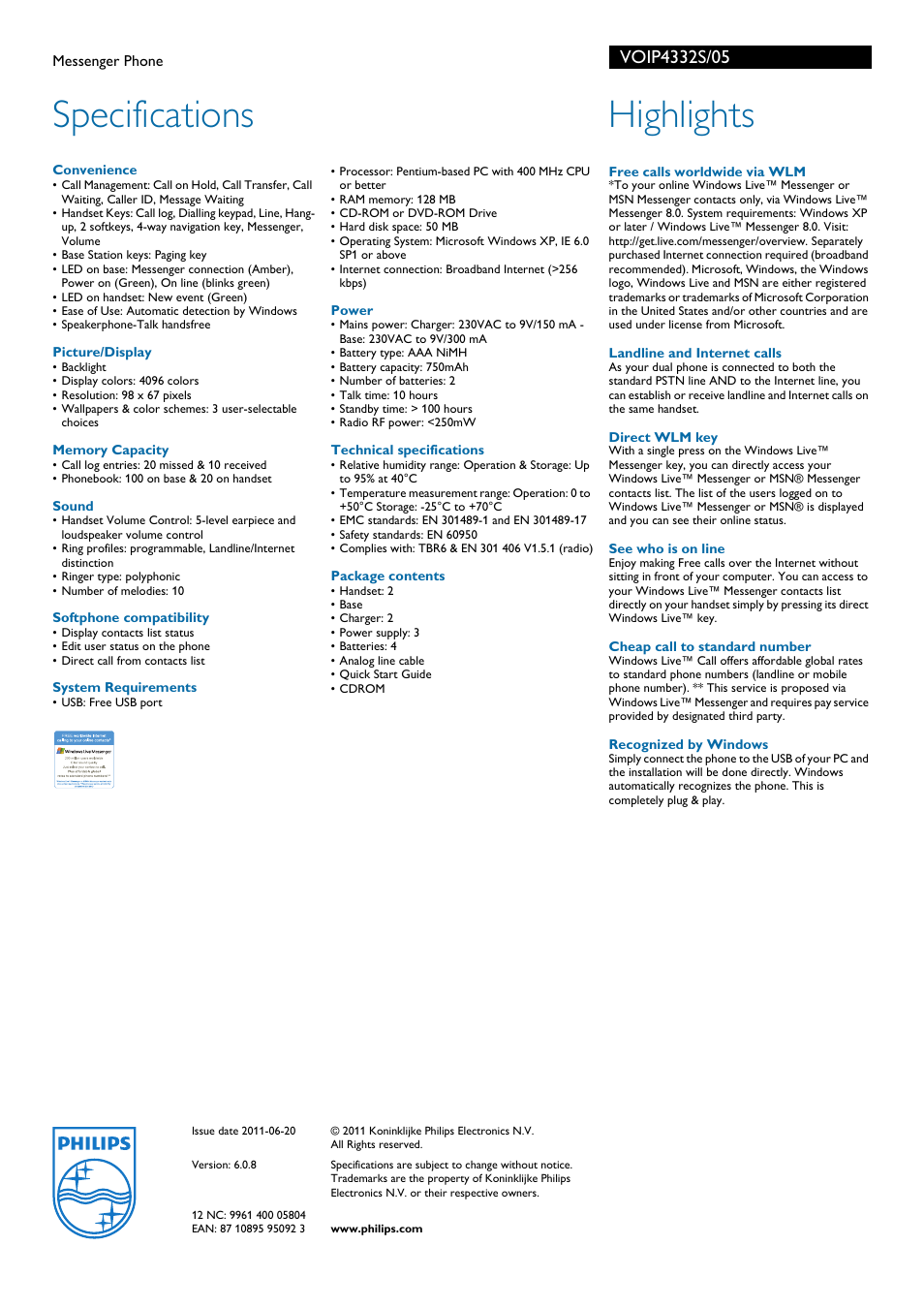 Specifications, Highlights | Philips VOIP4332S User Manual | Page 2 / 2