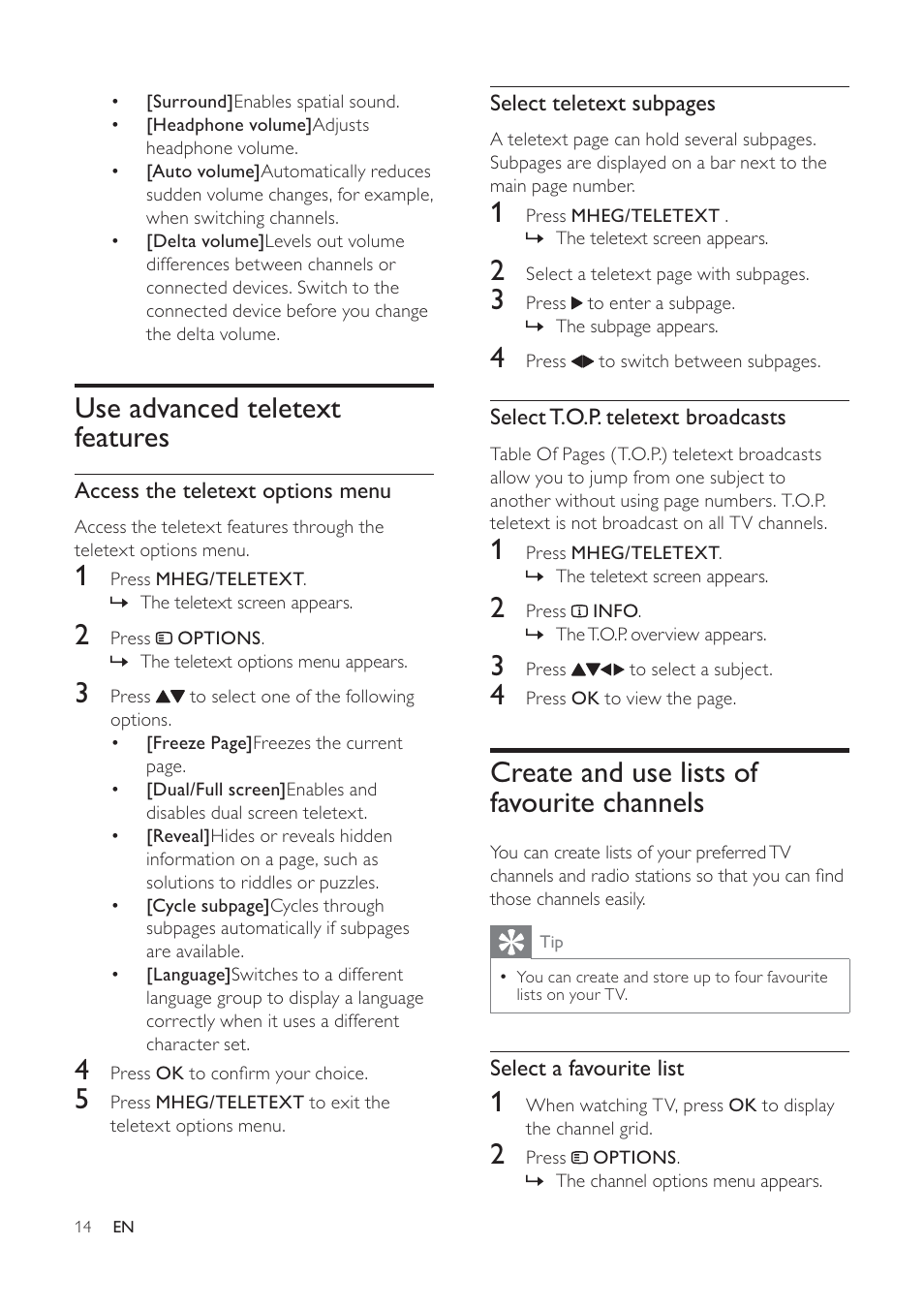 Create and use lists of favourite channels, Use advanced teletext features | Philips 19PFL5404/60 User Manual | Page 16 / 42