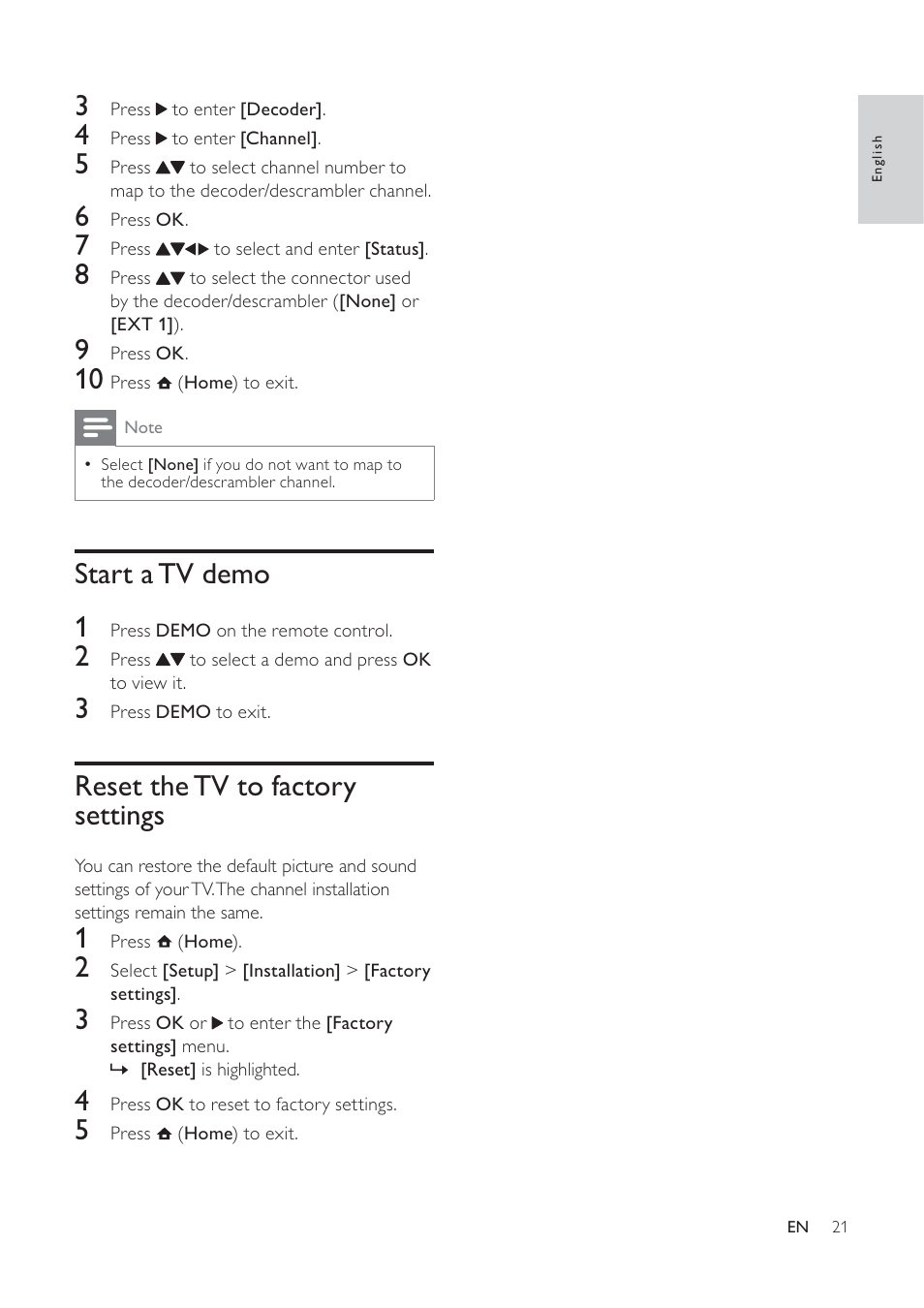 Start a tv demo 1, Reset the tv to factory settings | Philips 19PFL5404/60 User Manual | Page 23 / 42