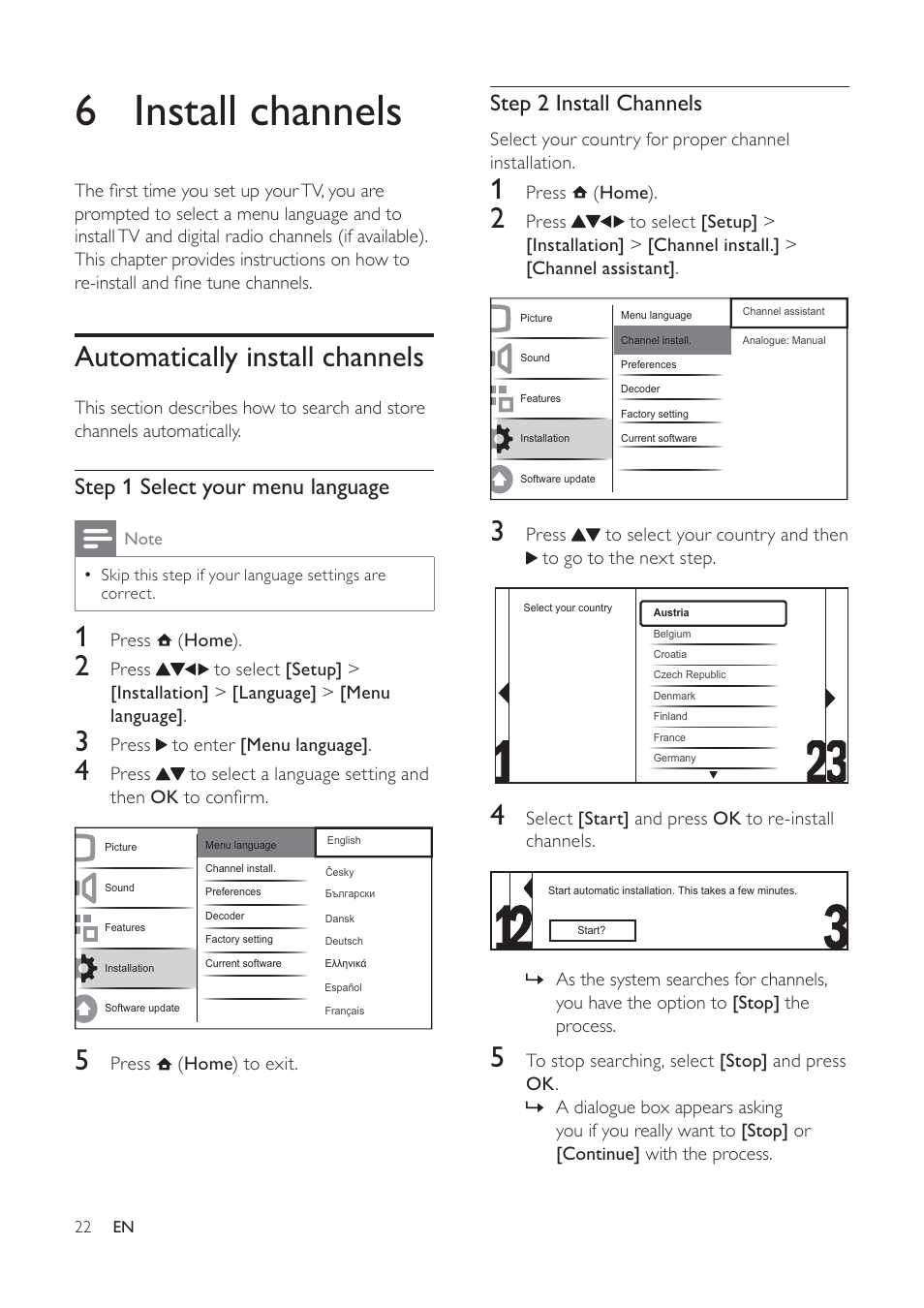 6 install channels, Automatically install channels | Philips 19PFL5404/60 User Manual | Page 24 / 42