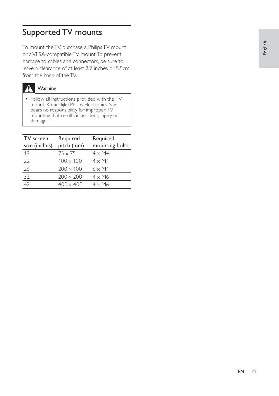 Supported tv mounts | Philips 19PFL5404/60 User Manual | Page 37 / 42
