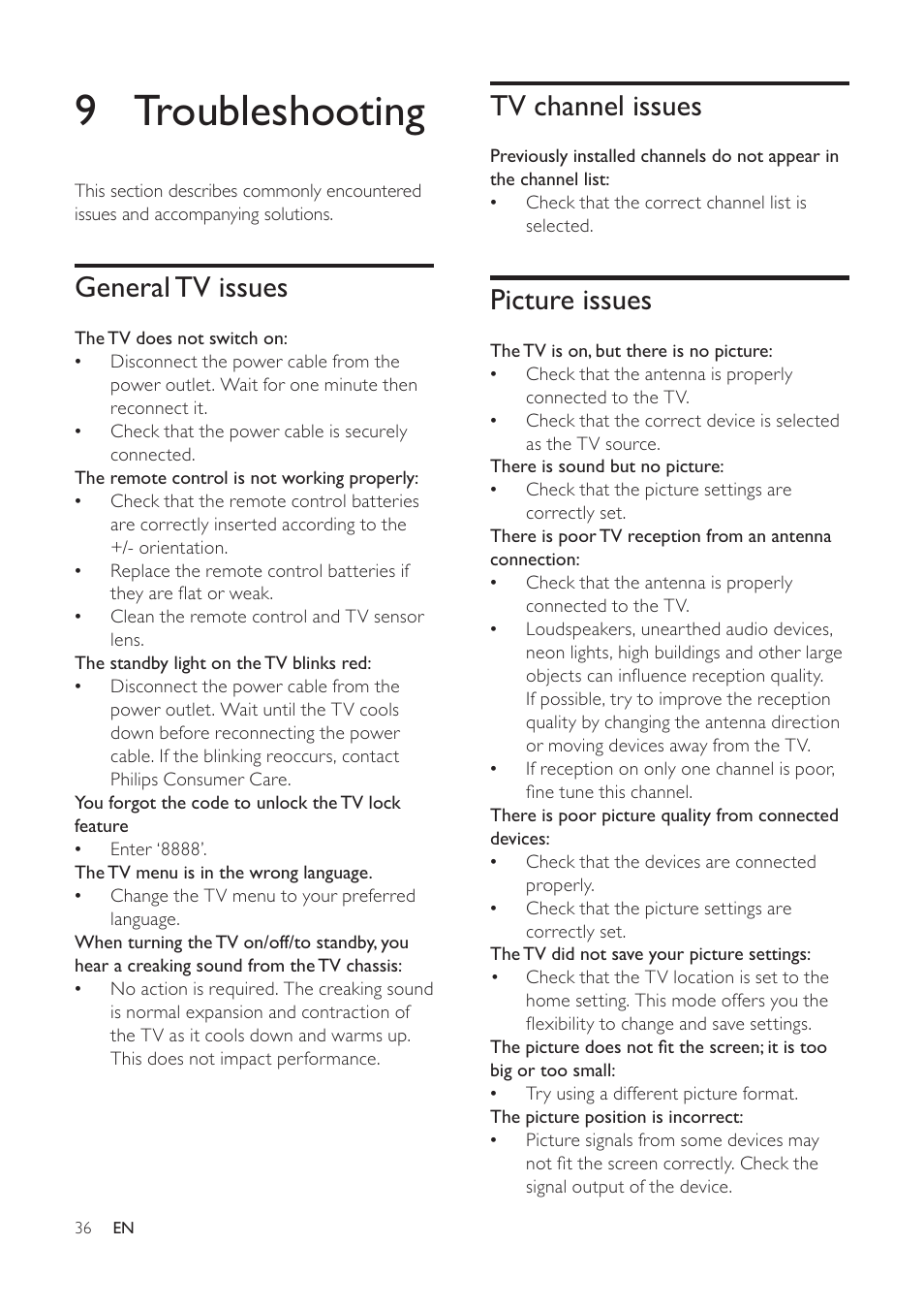 9 troubleshooting, Tv channel issues, Picture issues | General tv issues | Philips 19PFL5404/60 User Manual | Page 38 / 42