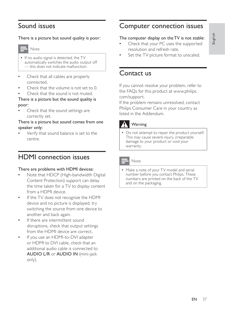 Computer connection issues, Contact us, Sound issues | Hdmi connection issues | Philips 19PFL5404/60 User Manual | Page 39 / 42