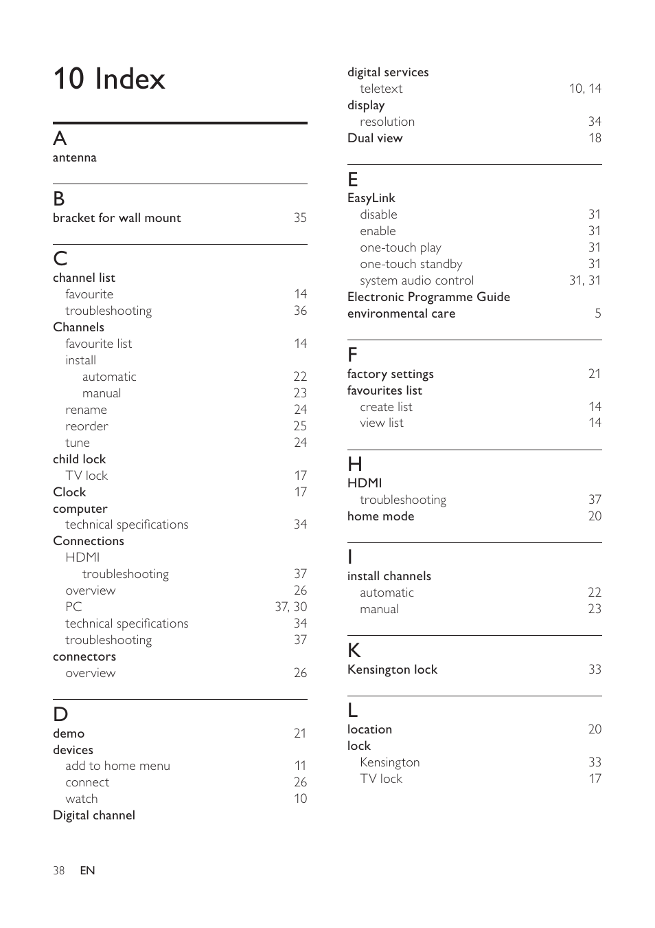 10 index | Philips 19PFL5404/60 User Manual | Page 40 / 42