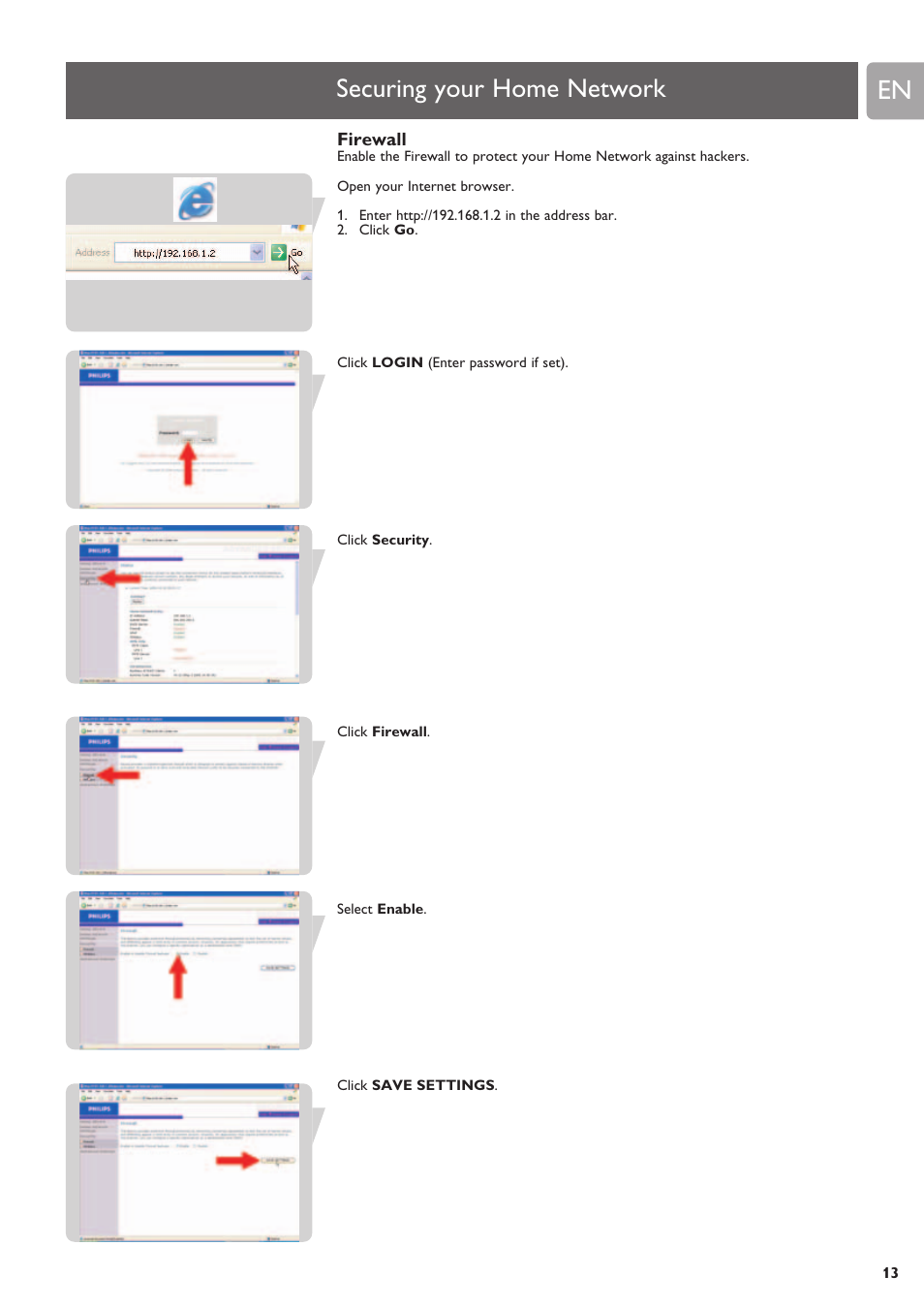 Securing your home network, Firewall | Philips SNB6500 User Manual | Page 13 / 51