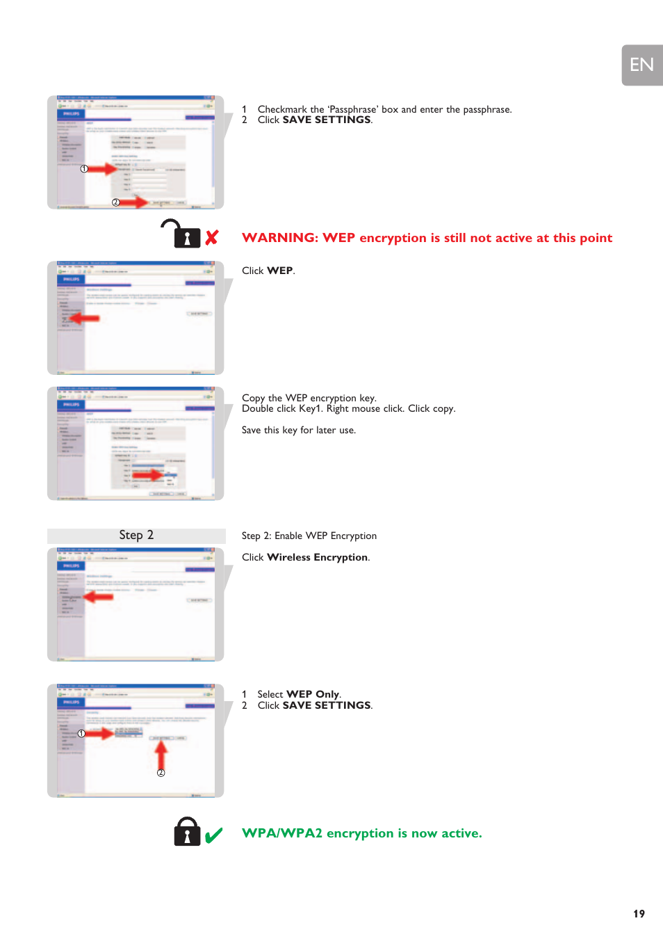 Wpa/wpa2 encryption is now active, Step 2 | Philips SNB6500 User Manual | Page 19 / 51