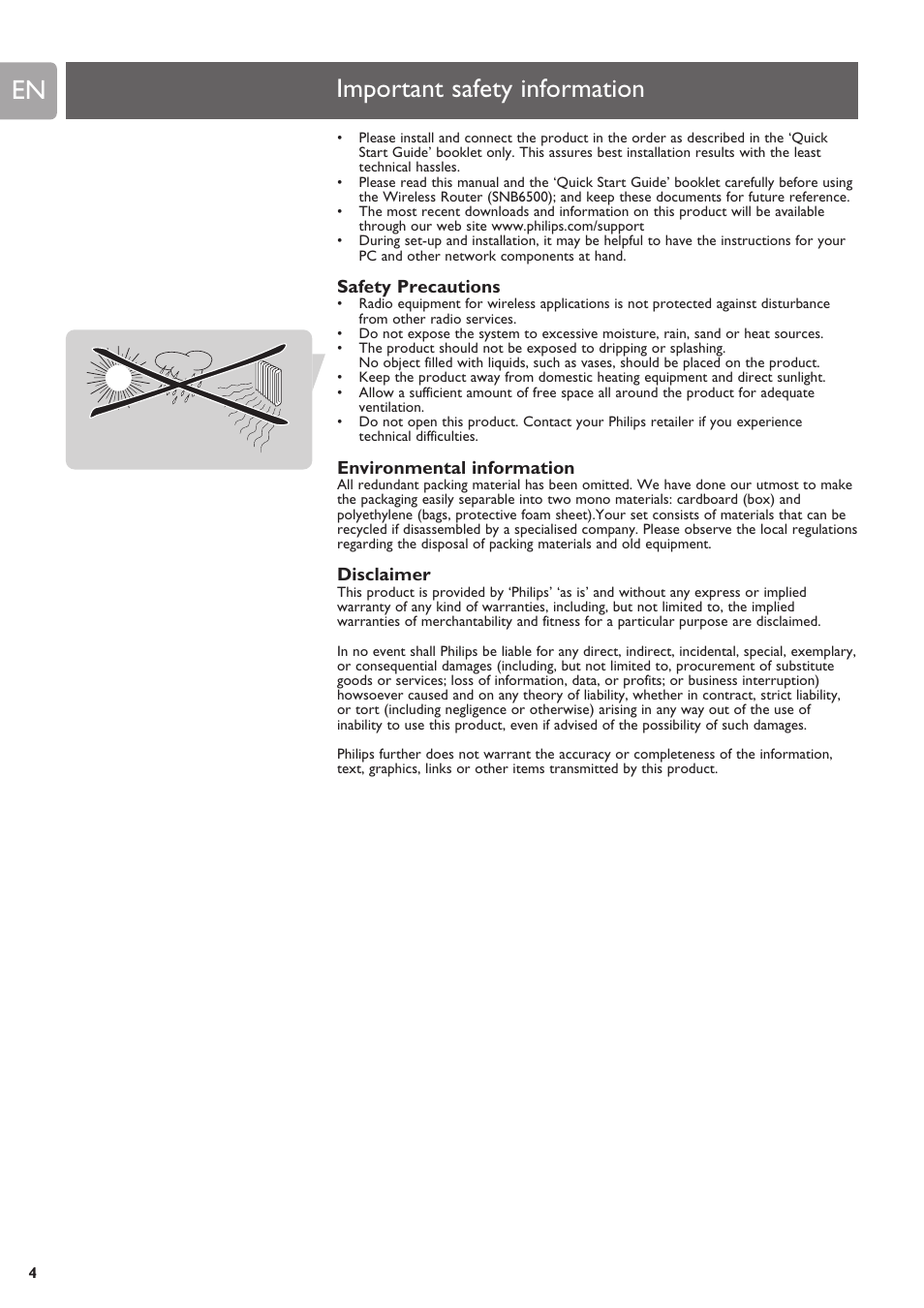 Important safety information, Safety precautions, Environmental information | Disclaimer | Philips SNB6500 User Manual | Page 4 / 51