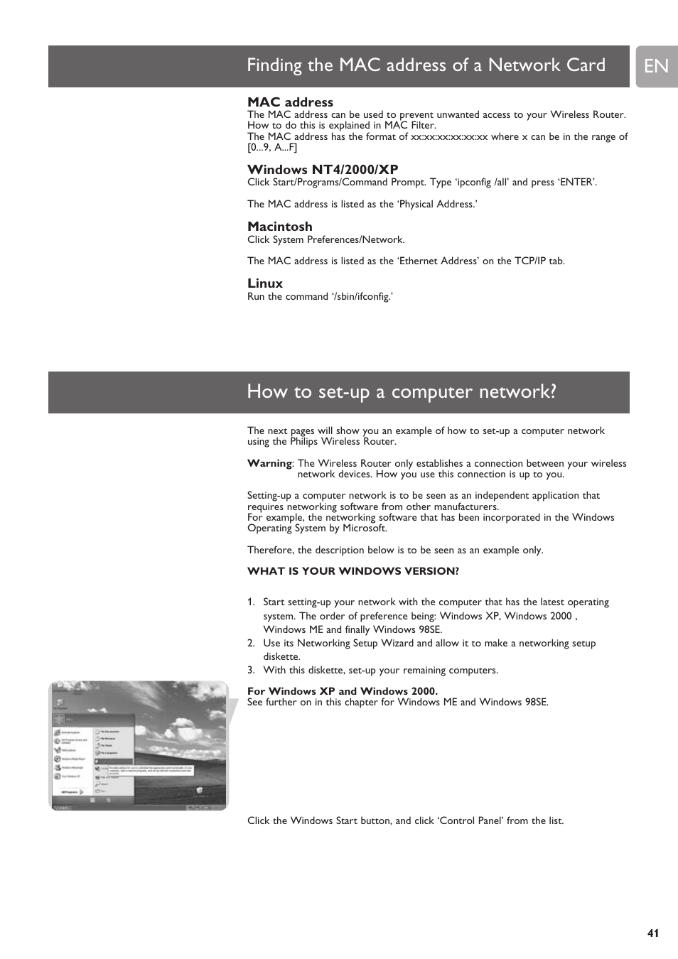 Finding the mac address of a network card, How to set-up a computer network | Philips SNB6500 User Manual | Page 41 / 51