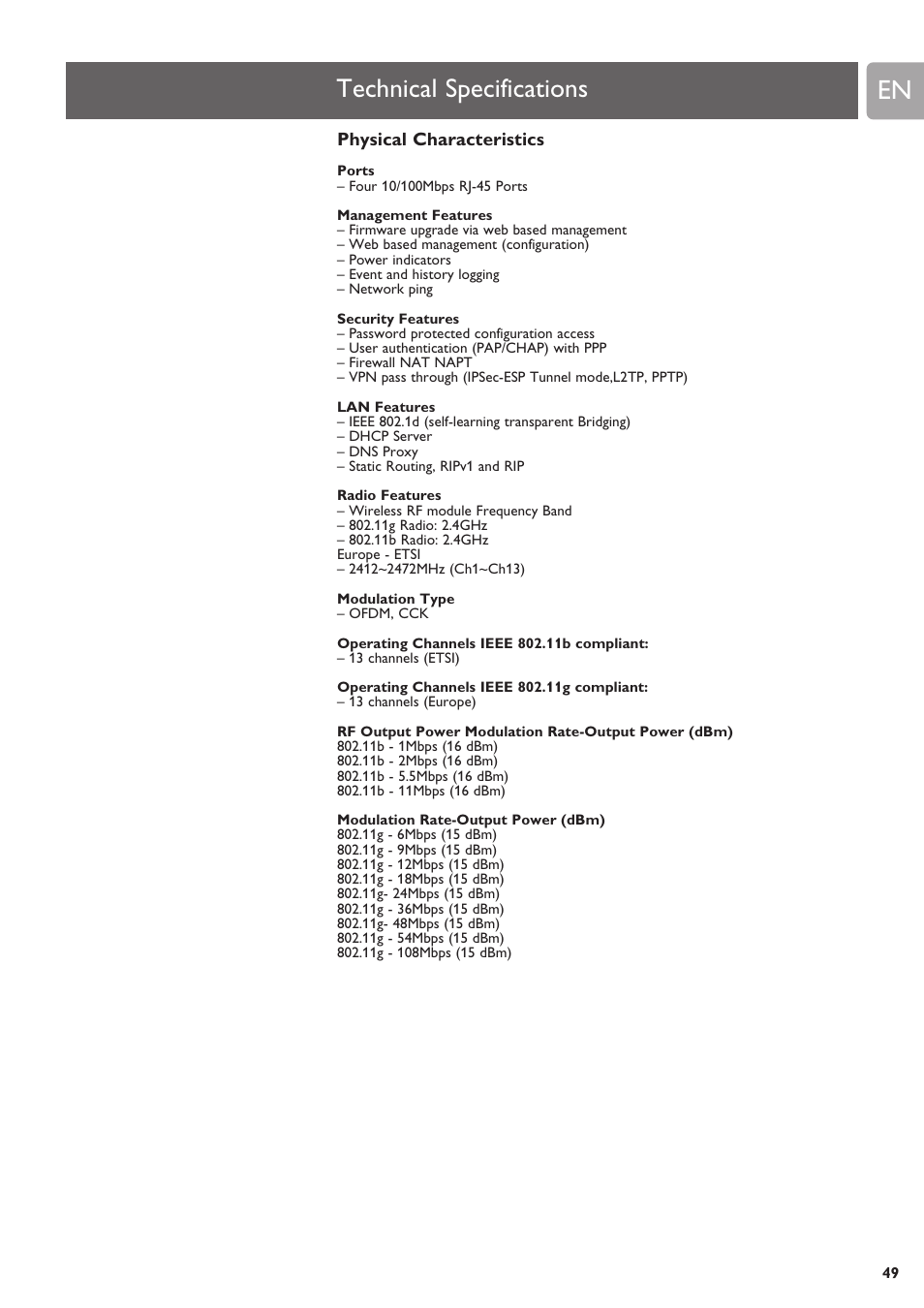 Technical specifications | Philips SNB6500 User Manual | Page 49 / 51