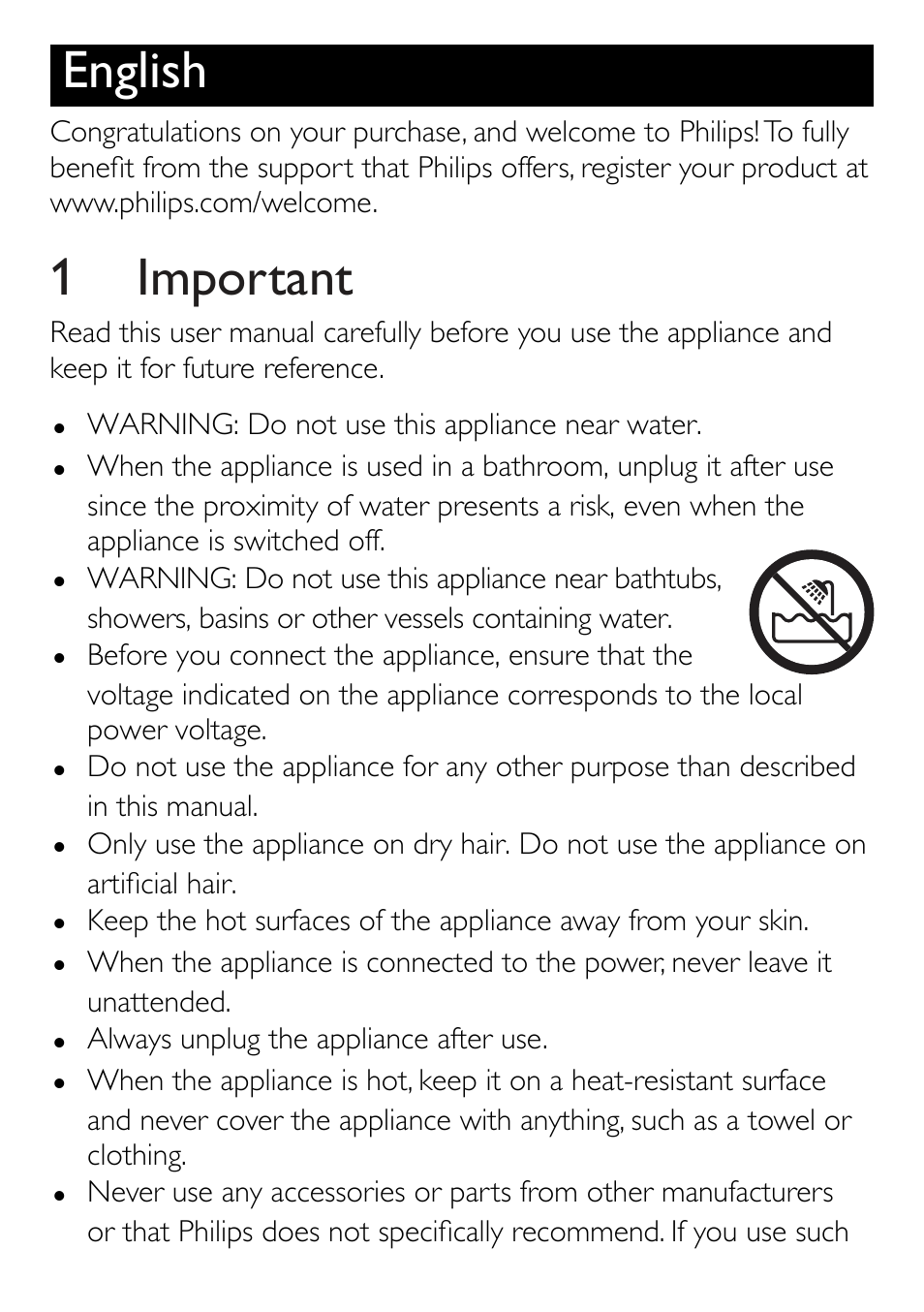 English, 1 important | Philips HP4661 User Manual | Page 2 / 5