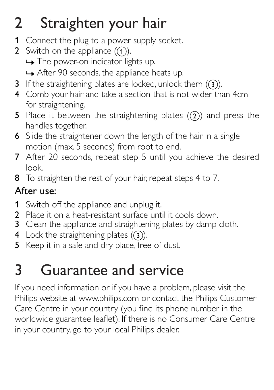 2 straighten your hair, 3 guarantee and service | Philips HP4661 User Manual | Page 4 / 5