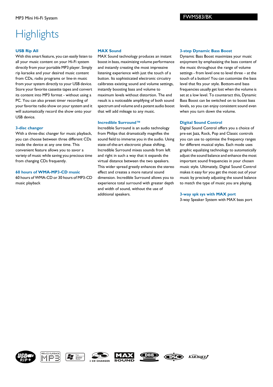 Highlights, Fwm583/bk | Philips AMETRIXTM 1264 User Manual | Page 2 / 3