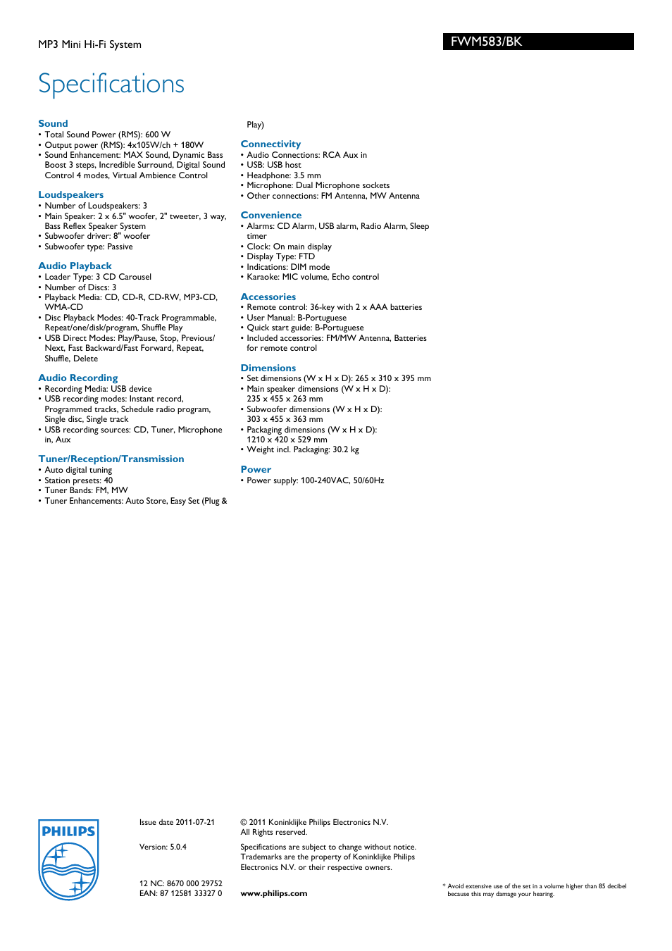 Specifications, Fwm583/bk | Philips AMETRIXTM 1264 User Manual | Page 3 / 3