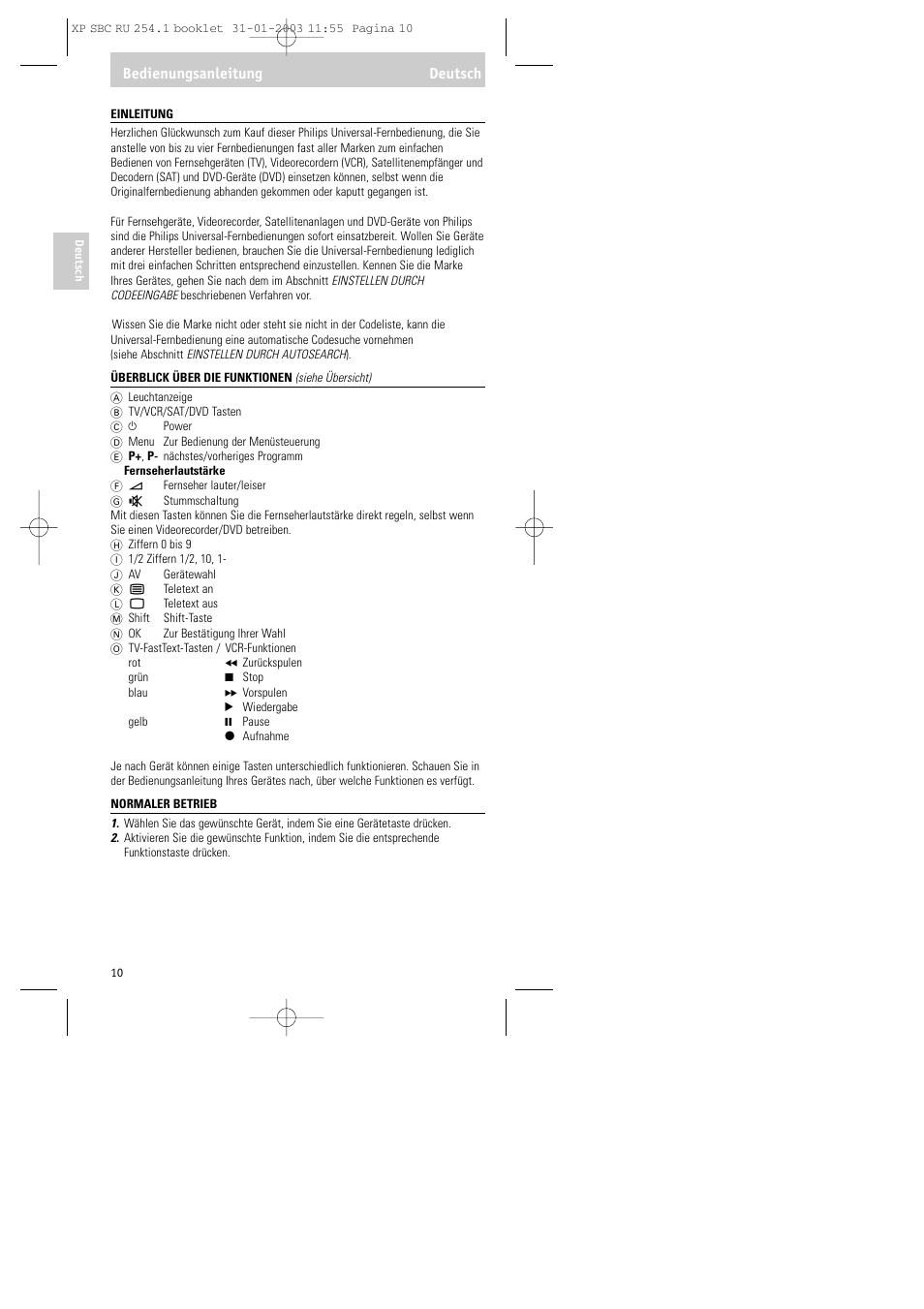 Bedienungsanleitung deutsch | Philips RU254 User Manual | Page 10 / 56