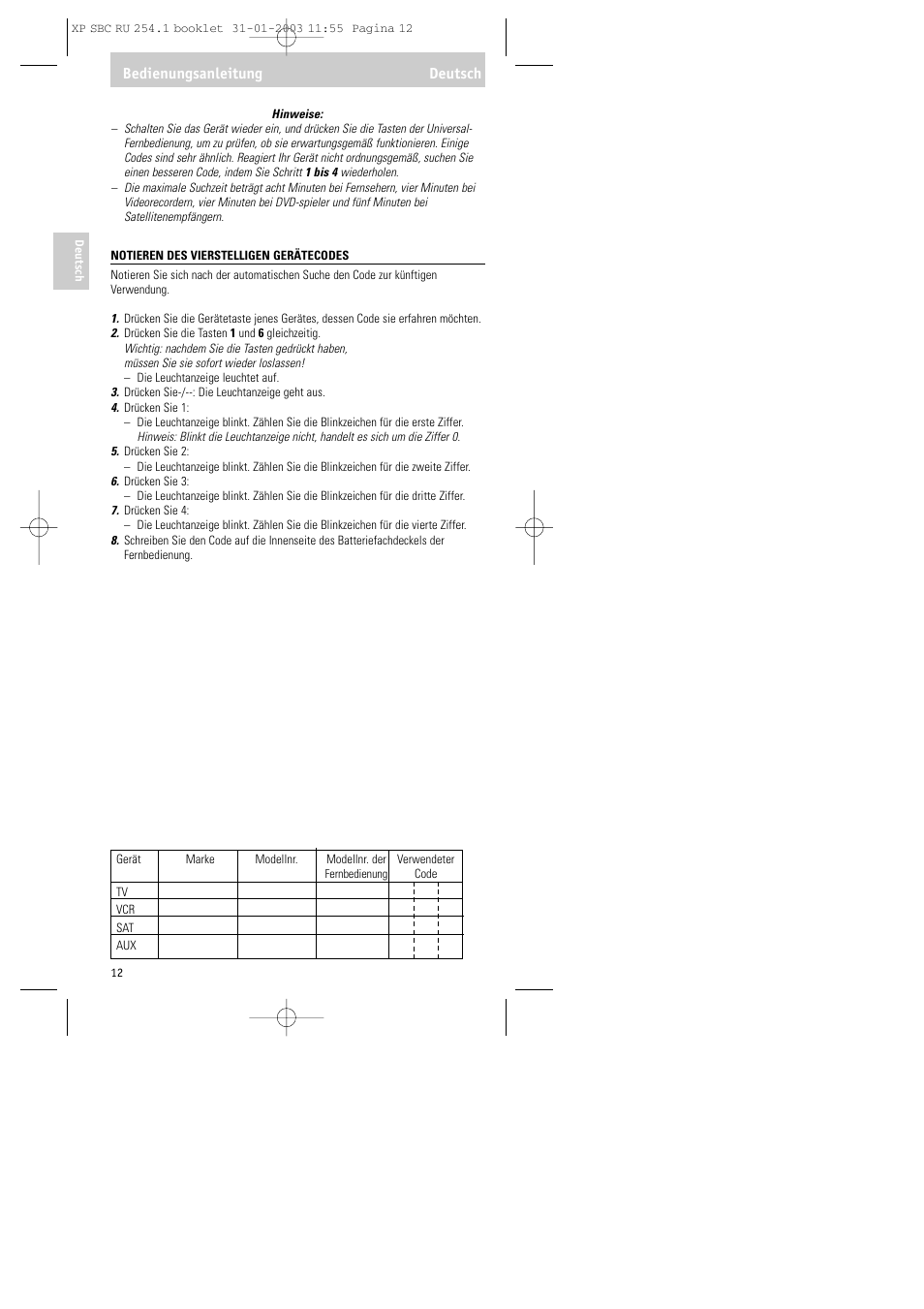 Bedienungsanleitung deutsch | Philips RU254 User Manual | Page 12 / 56