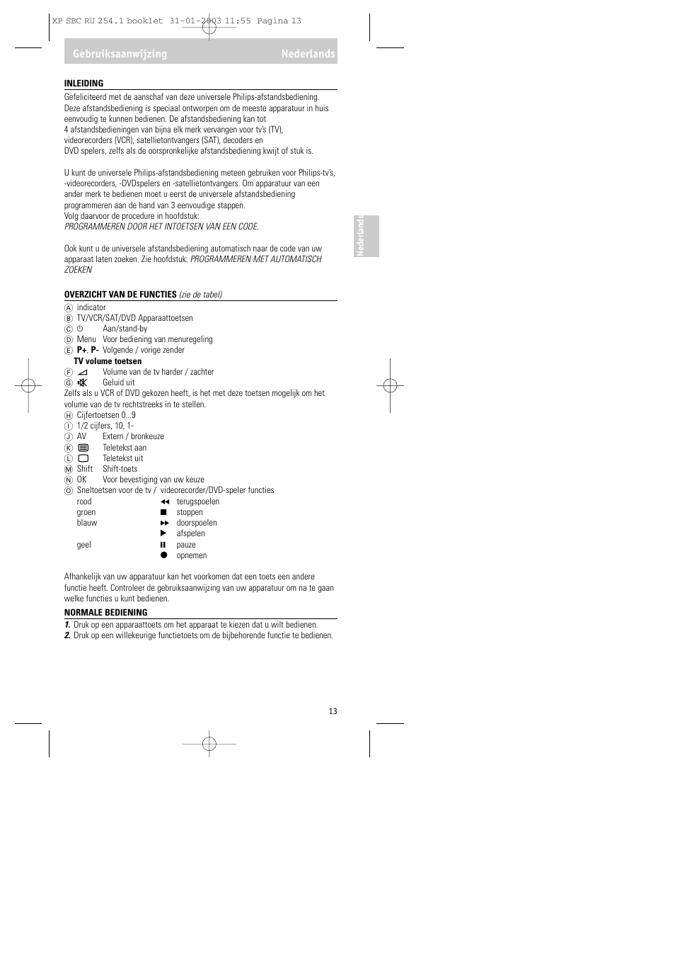Gebruiksaanwijzing nederlands | Philips RU254 User Manual | Page 13 / 56