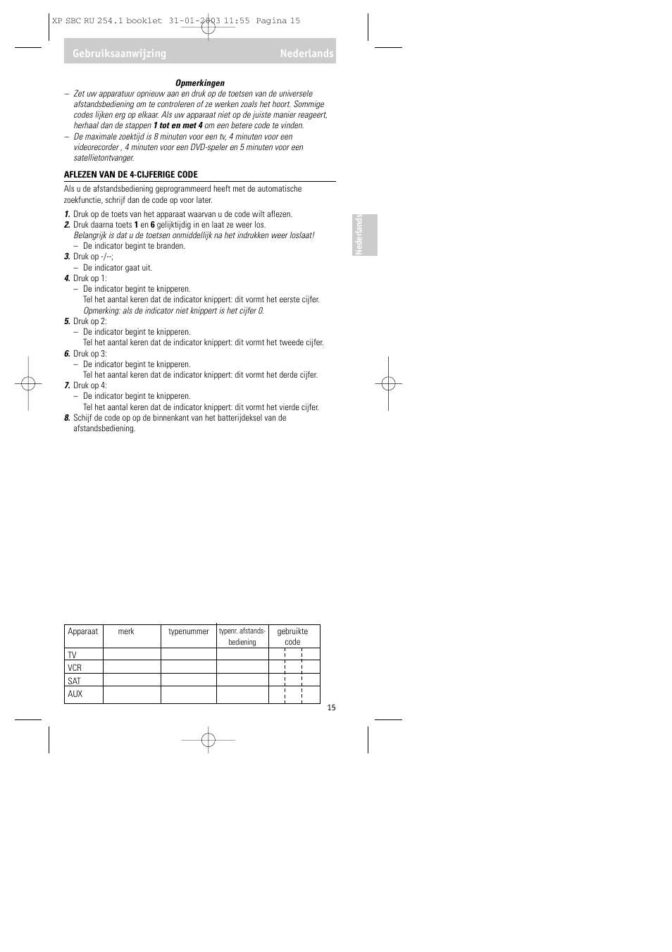 Gebruiksaanwijzing nederlands | Philips RU254 User Manual | Page 15 / 56