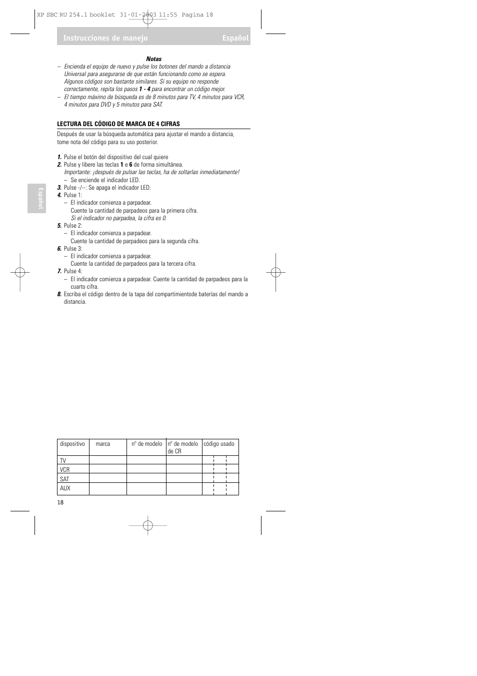 Instrucciones de manejo español | Philips RU254 User Manual | Page 18 / 56
