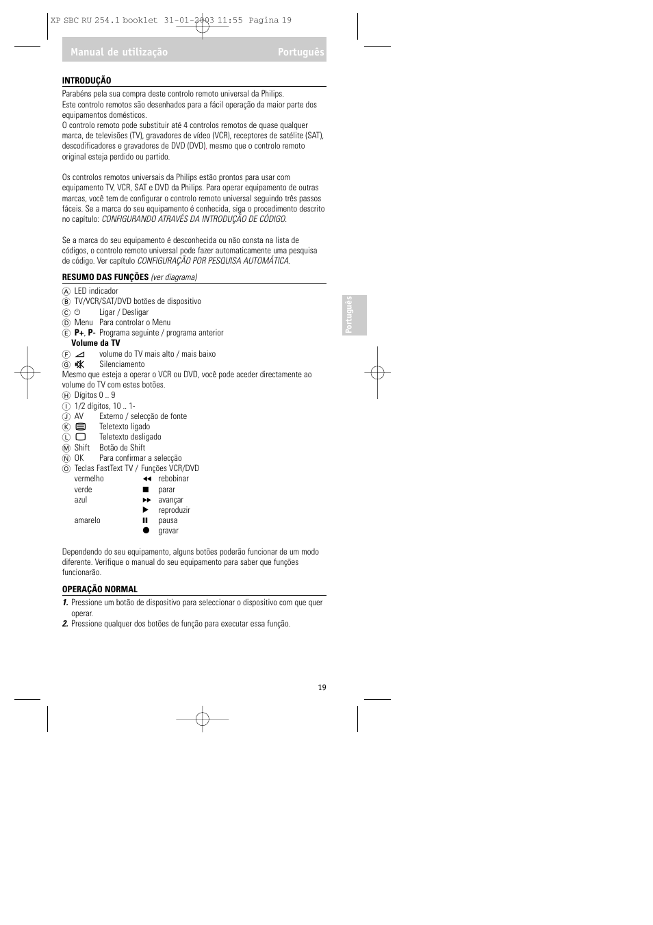 Manual de utilização português | Philips RU254 User Manual | Page 19 / 56