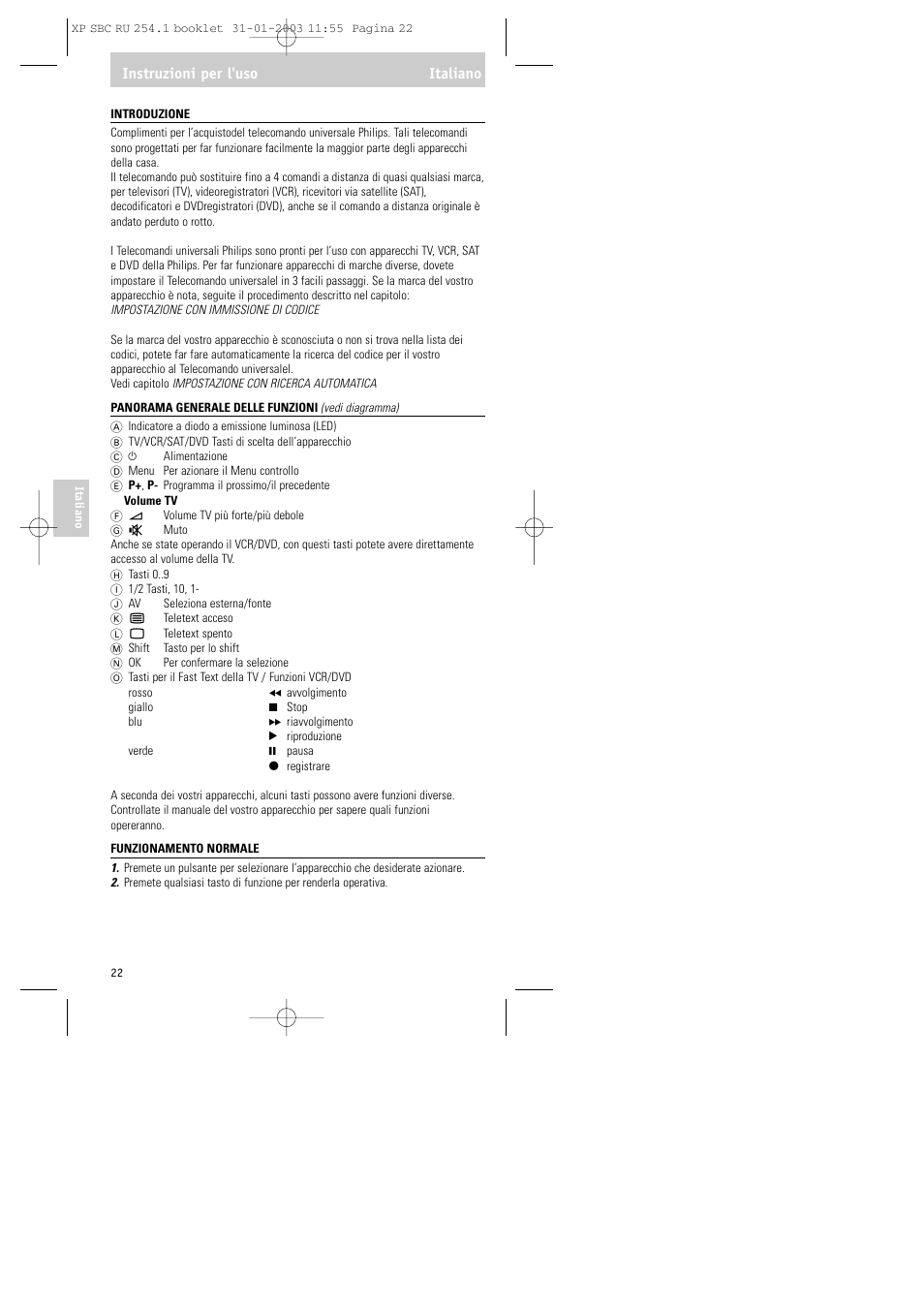 Instruzioni per l'uso italiano | Philips RU254 User Manual | Page 22 / 56