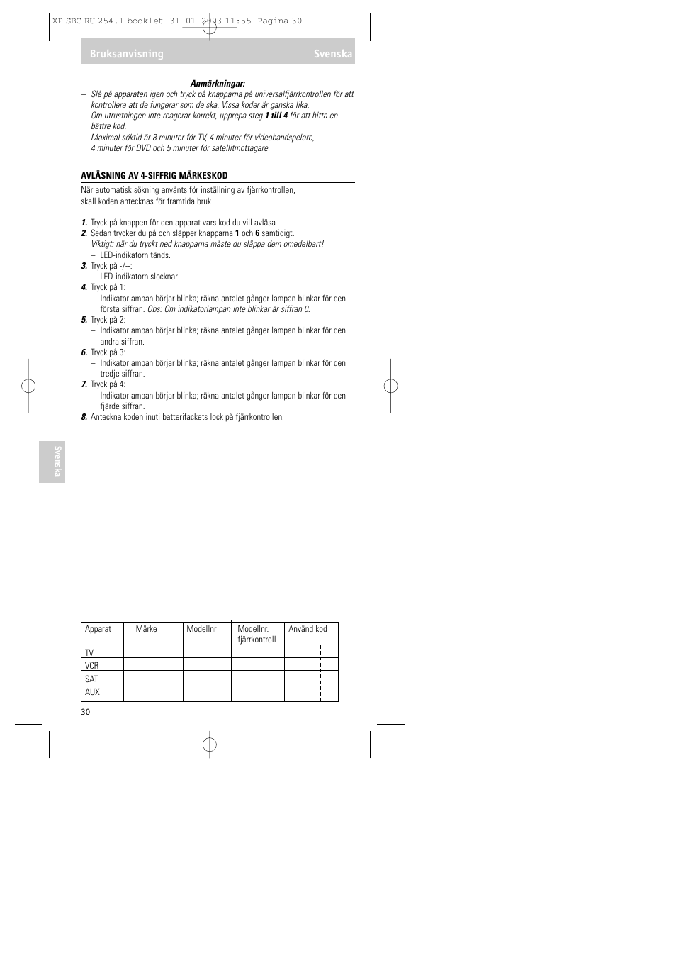 Bruksanvisning svenska | Philips RU254 User Manual | Page 30 / 56
