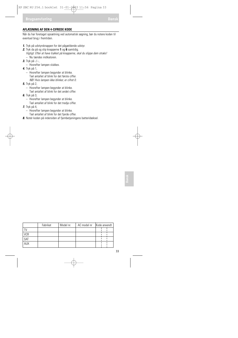 Brugsanvisning dansk | Philips RU254 User Manual | Page 33 / 56