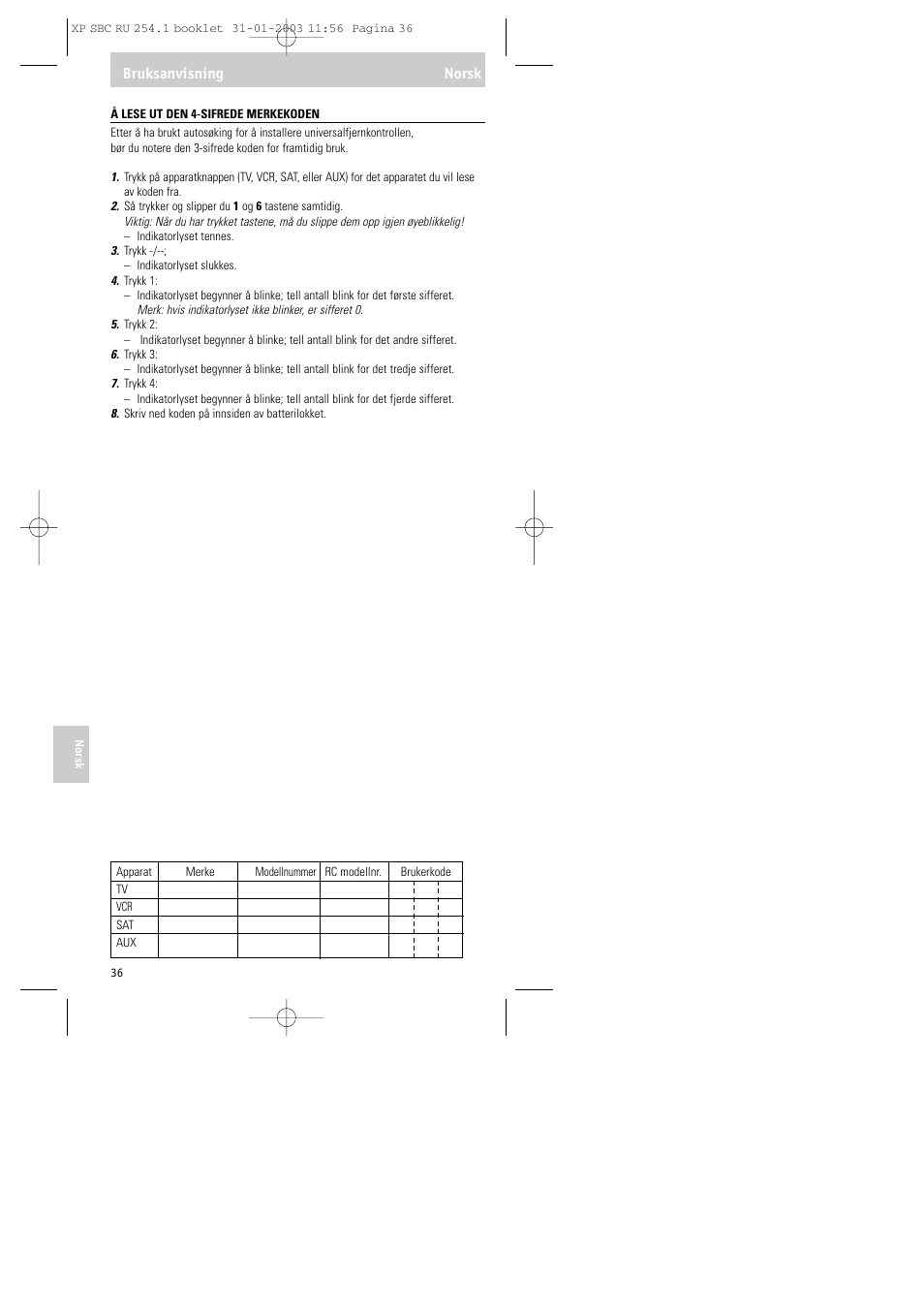 Bruksanvisning norsk | Philips RU254 User Manual | Page 36 / 56