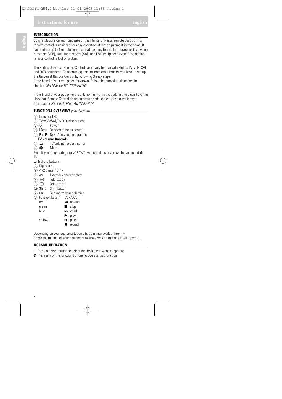 Instructions for use english | Philips RU254 User Manual | Page 4 / 56