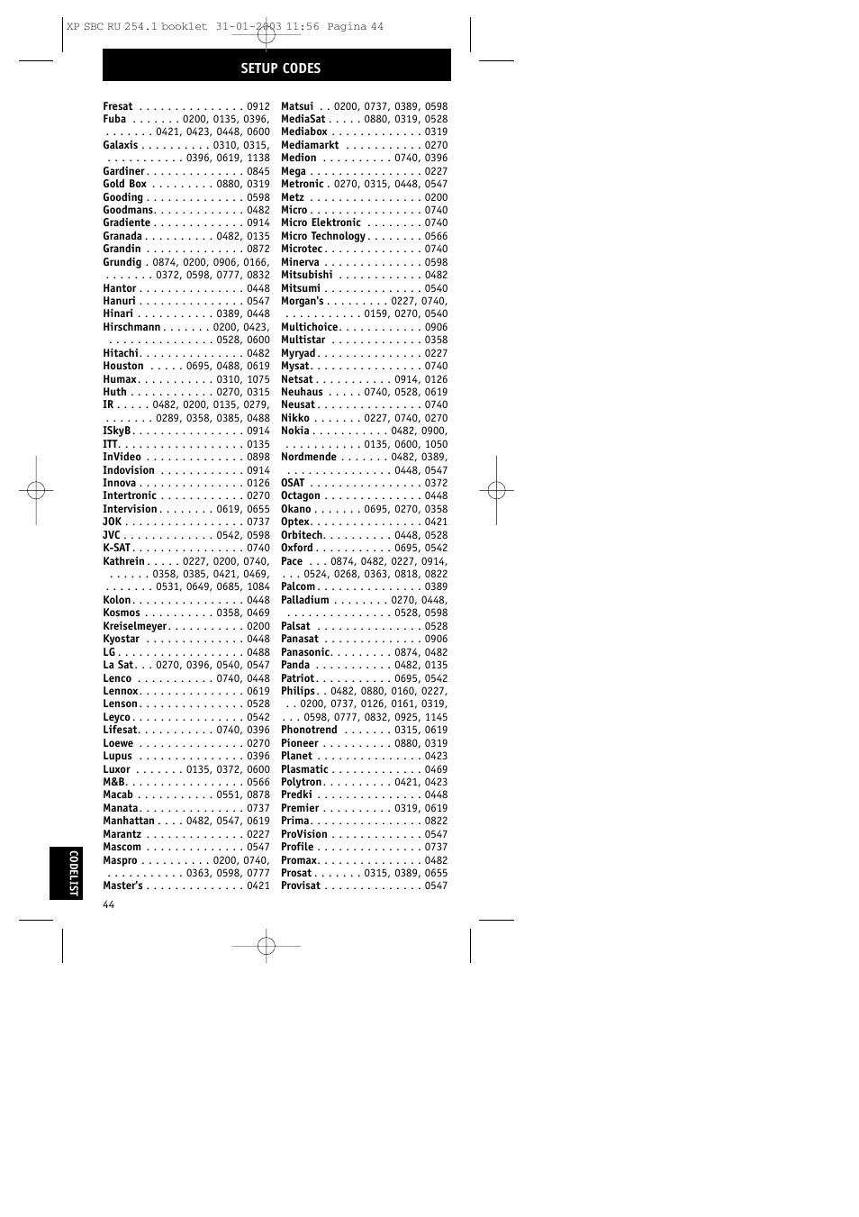 Setup codes | Philips RU254 User Manual | Page 44 / 56