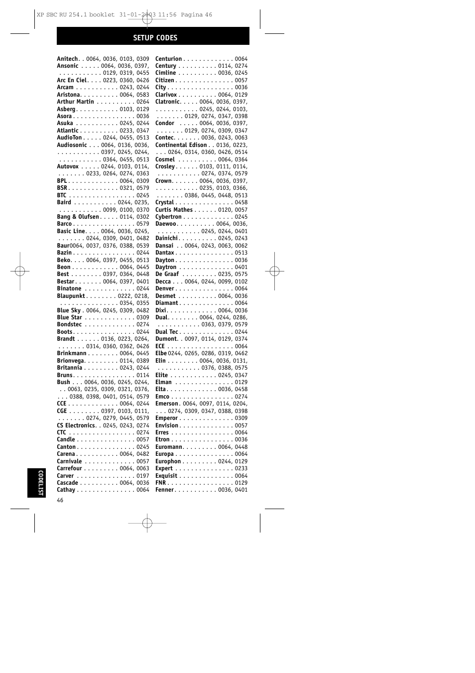 Setup codes | Philips RU254 User Manual | Page 46 / 56