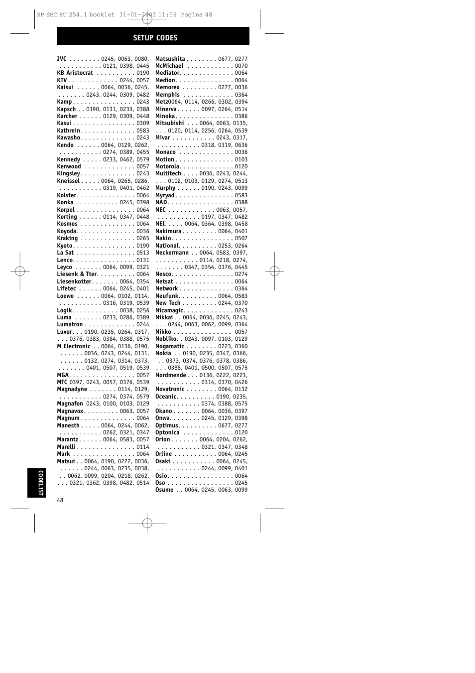 Setup codes | Philips RU254 User Manual | Page 48 / 56