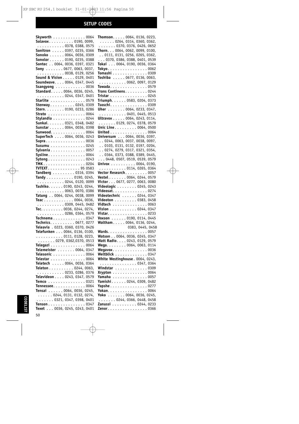 Setup codes | Philips RU254 User Manual | Page 50 / 56