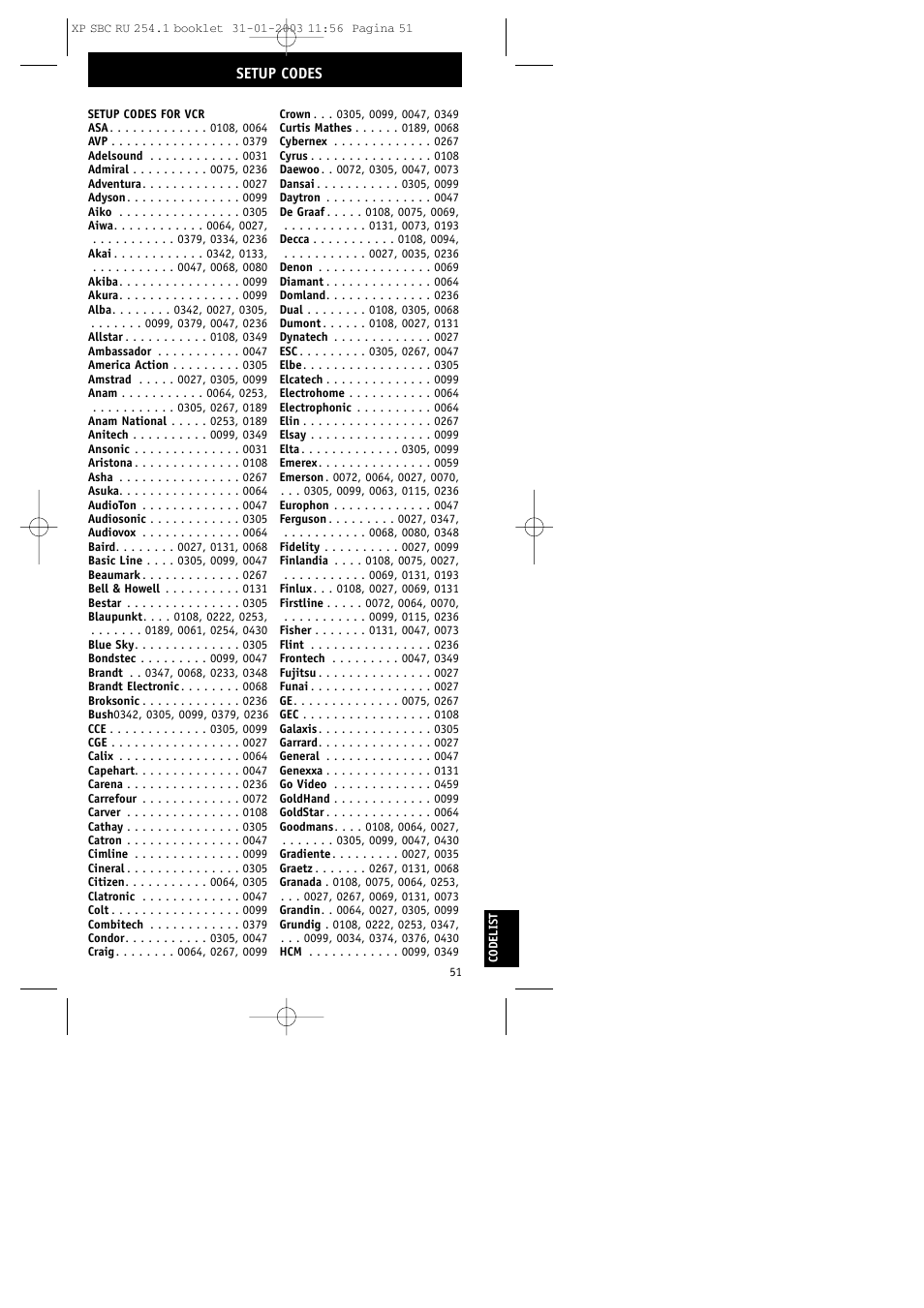 Setup codes | Philips RU254 User Manual | Page 51 / 56