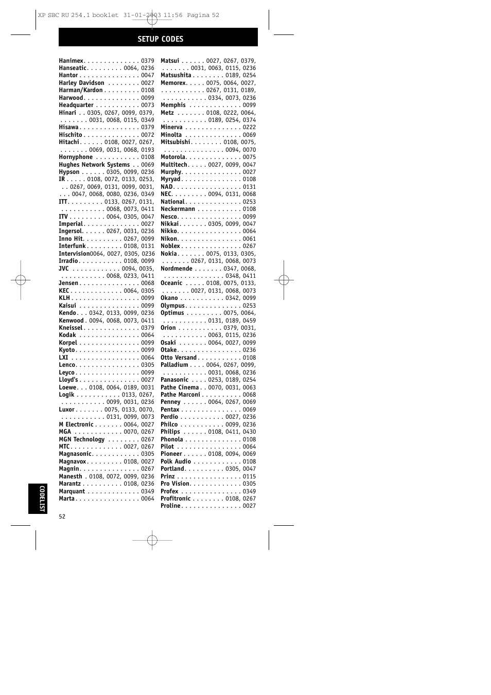 Setup codes | Philips RU254 User Manual | Page 52 / 56