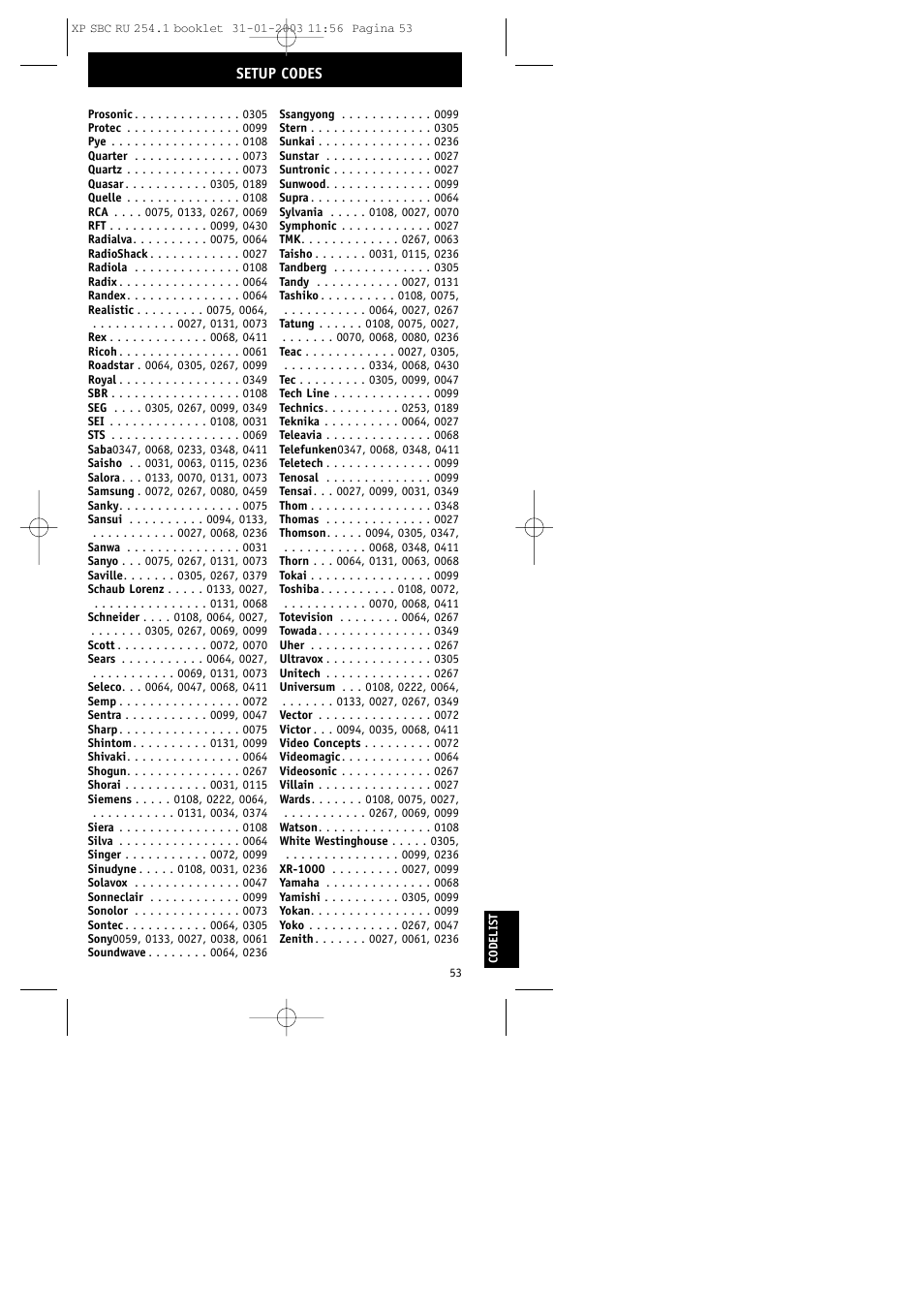 Setup codes | Philips RU254 User Manual | Page 53 / 56