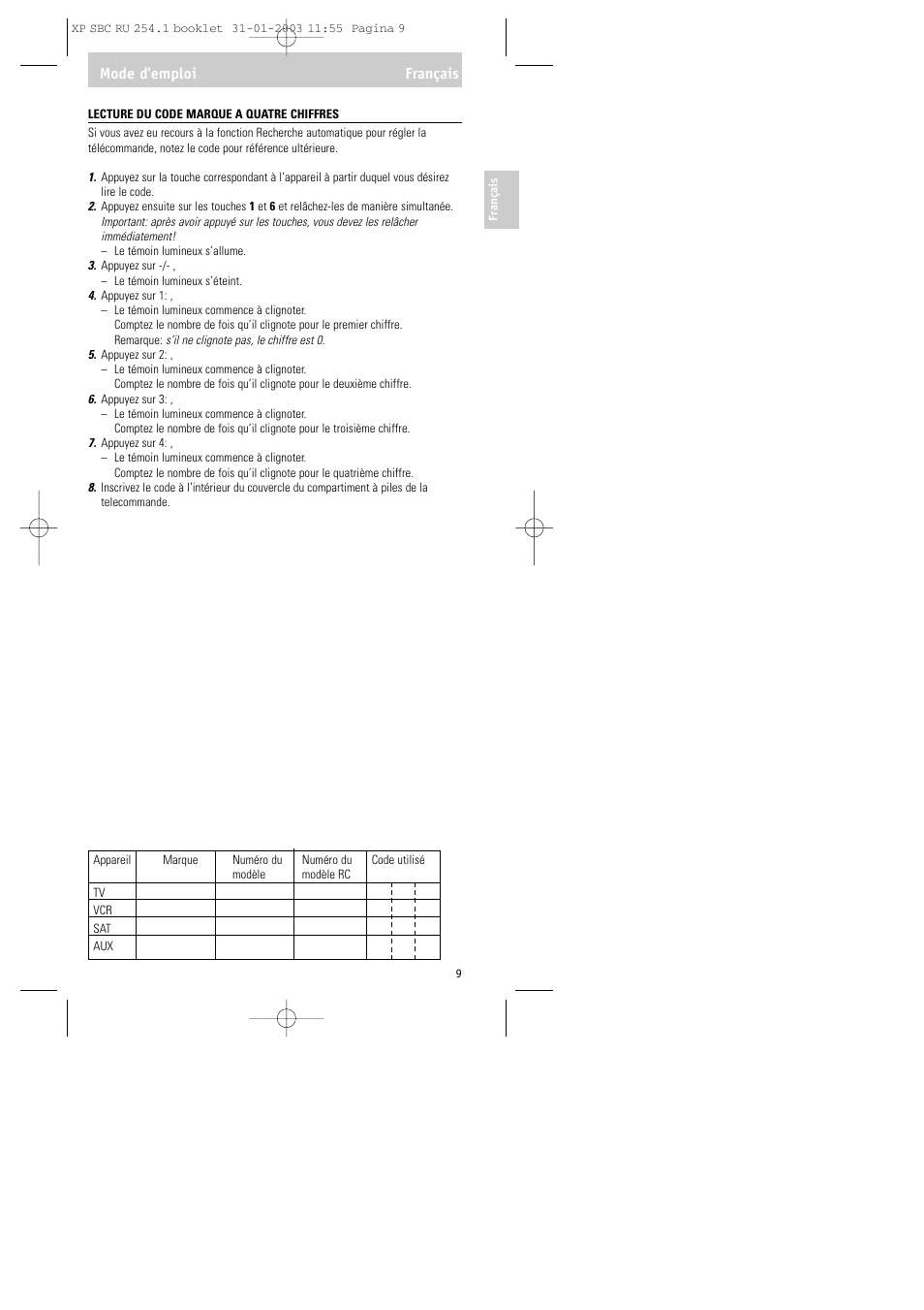 Mode d'emploi français | Philips RU254 User Manual | Page 9 / 56