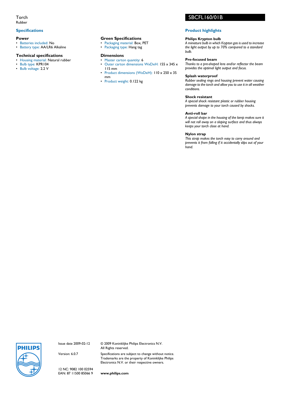 Philips, Sbcfli60/0ib | Philips Rubber SBCFL160 User Manual | Page 2 / 2