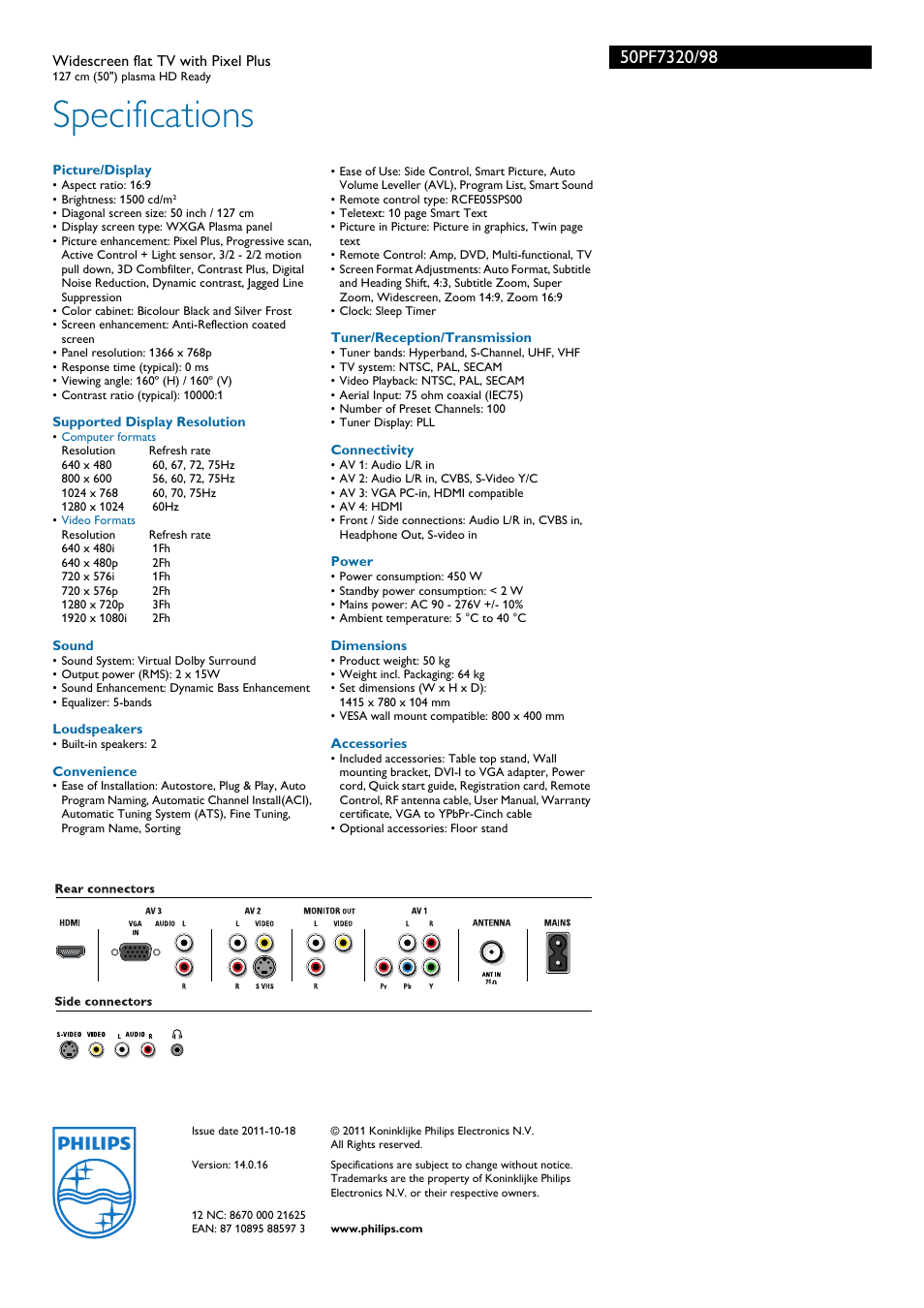 Specifications | Philips 50PF7320 User Manual | Page 3 / 3