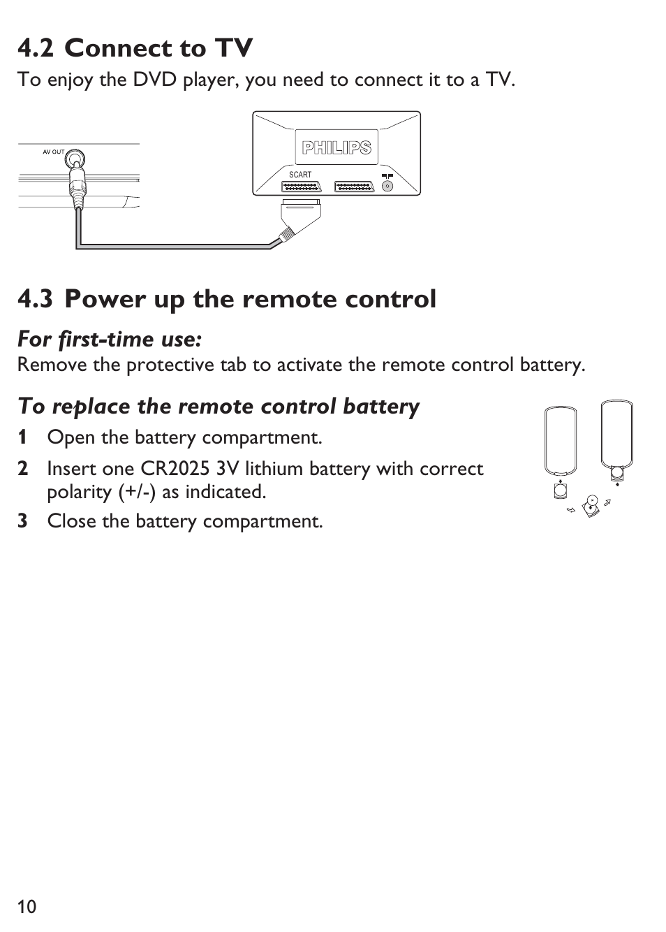 2 connect to tv, 3 power up the remote control | Philips PET100/12 User Manual | Page 10 / 20