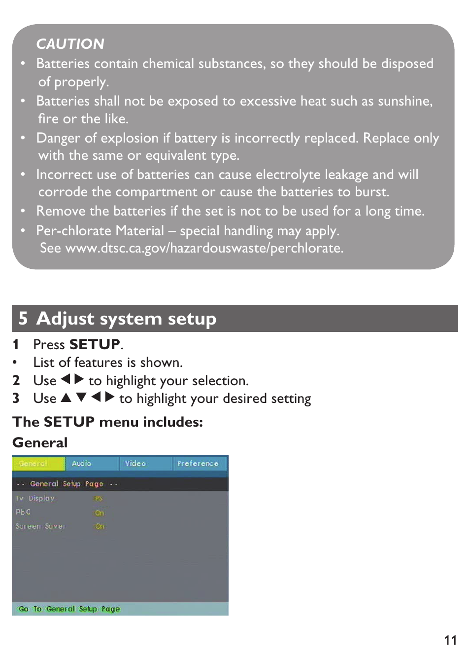 5 adjust system setup | Philips PET100/12 User Manual | Page 11 / 20