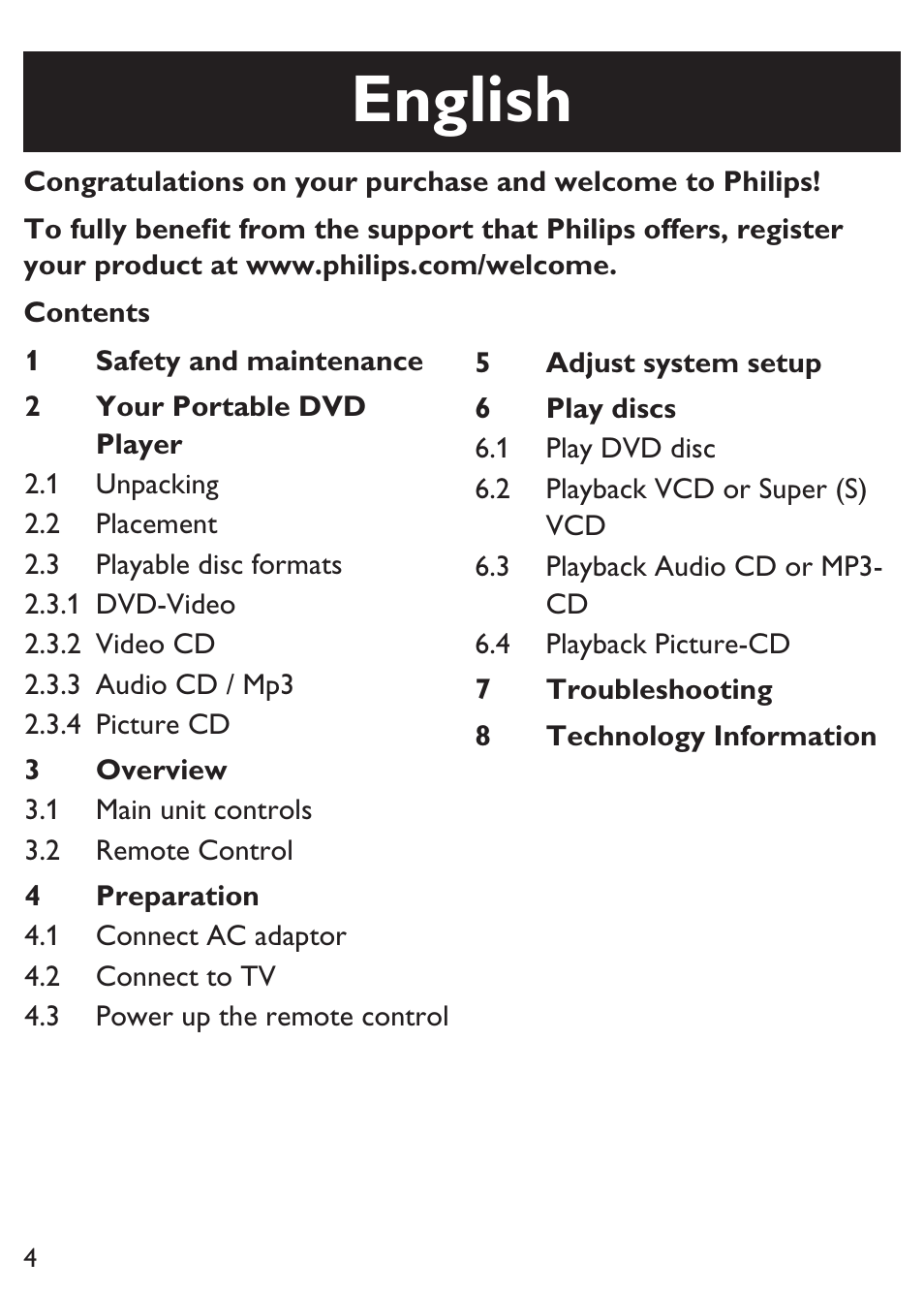English | Philips PET100/12 User Manual | Page 4 / 20