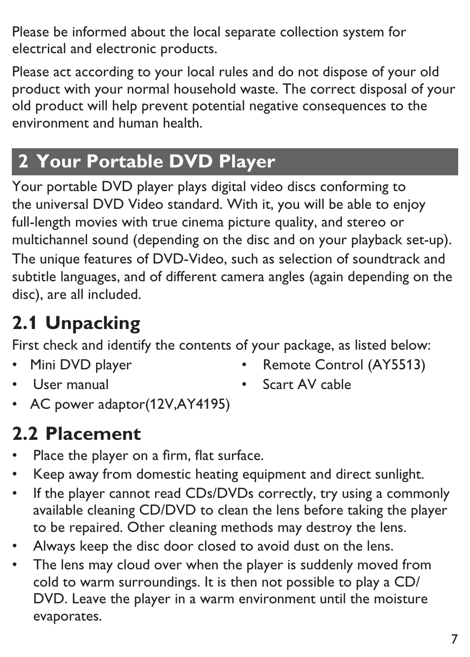 2 your portable dvd player, 1 unpacking, 2 placement | Philips PET100/12 User Manual | Page 7 / 20