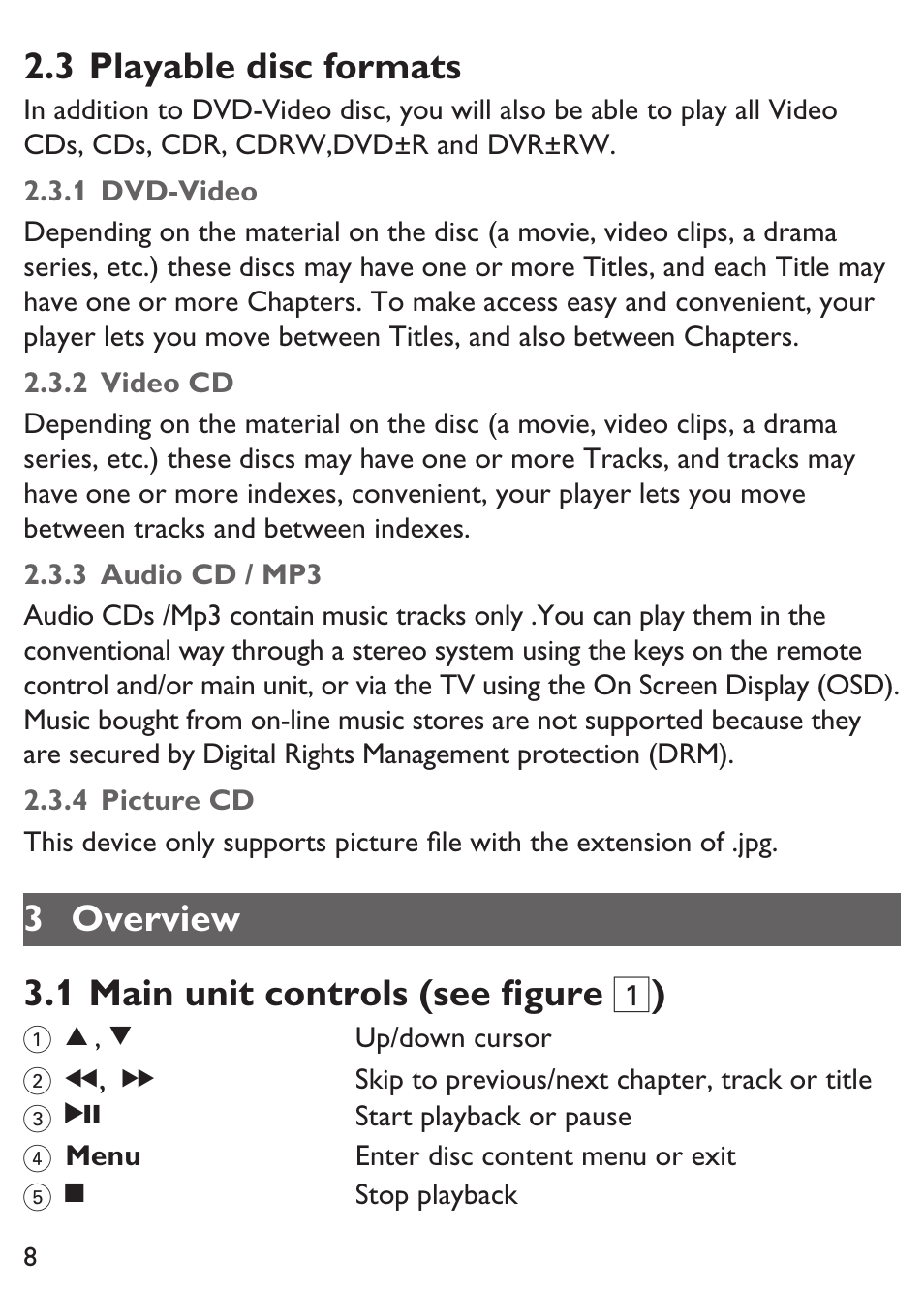 3 playable disc formats, 3 overview 3.1 main unit controls (see figure 1 ) | Philips PET100/12 User Manual | Page 8 / 20