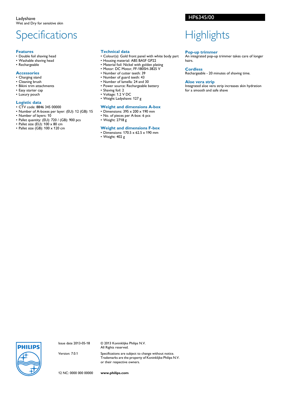 Specifications, Highlights | Philips COM 1424 User Manual | Page 2 / 2